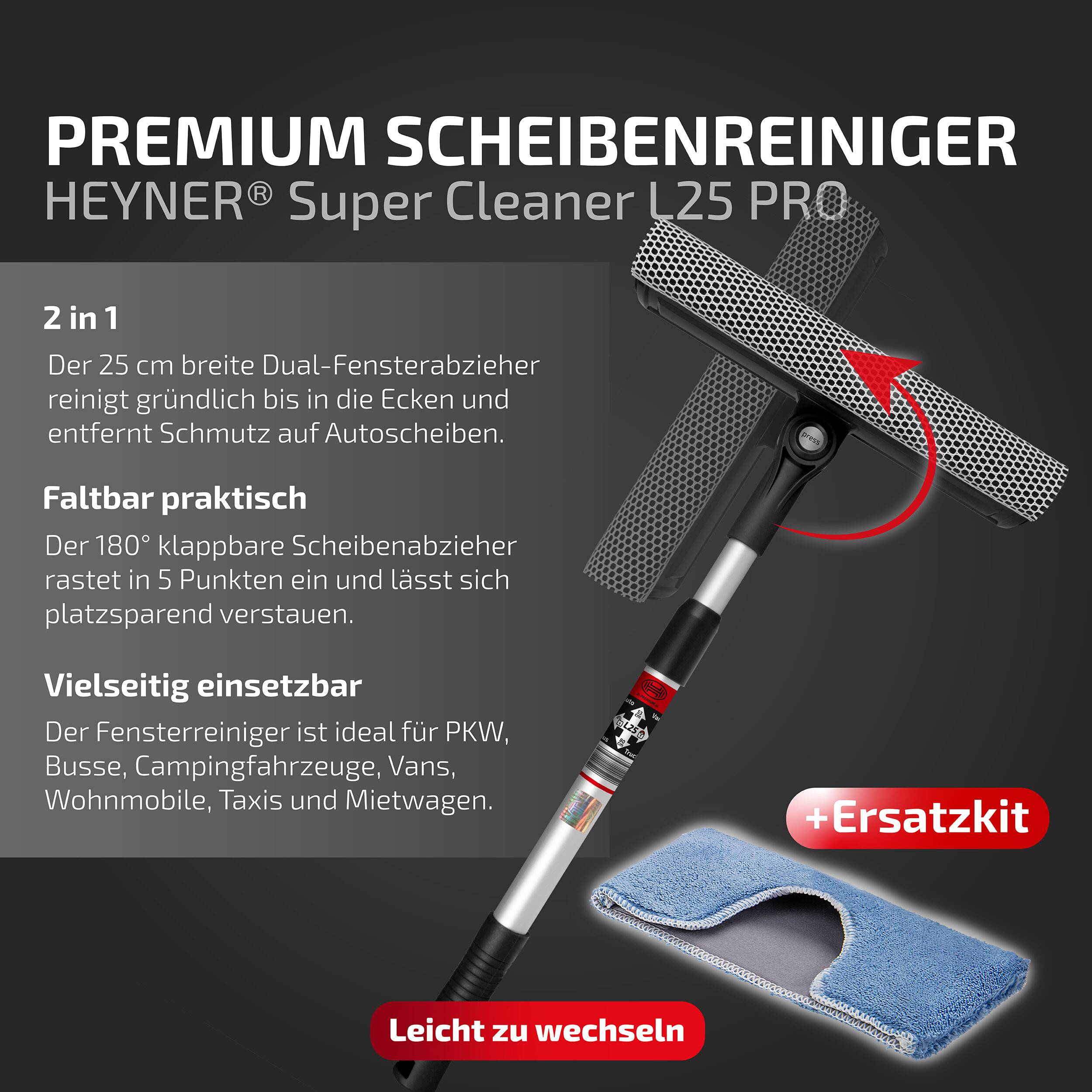 Heyner® Scheibenreiniger faltbar 25 cm mit Teleskopstiel 53–80 cm &