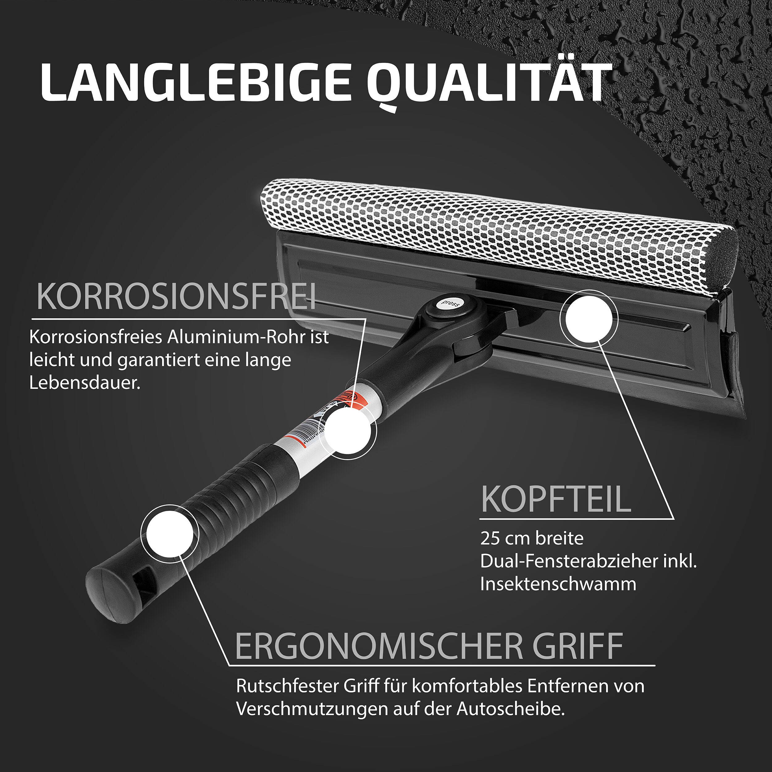 Heyner® Scheibenreiniger faltbar 25 cm mit klappbarem Kopf und ergonomischem Griff – inkl. Mikrofaser-Abdeckung für Pkw,