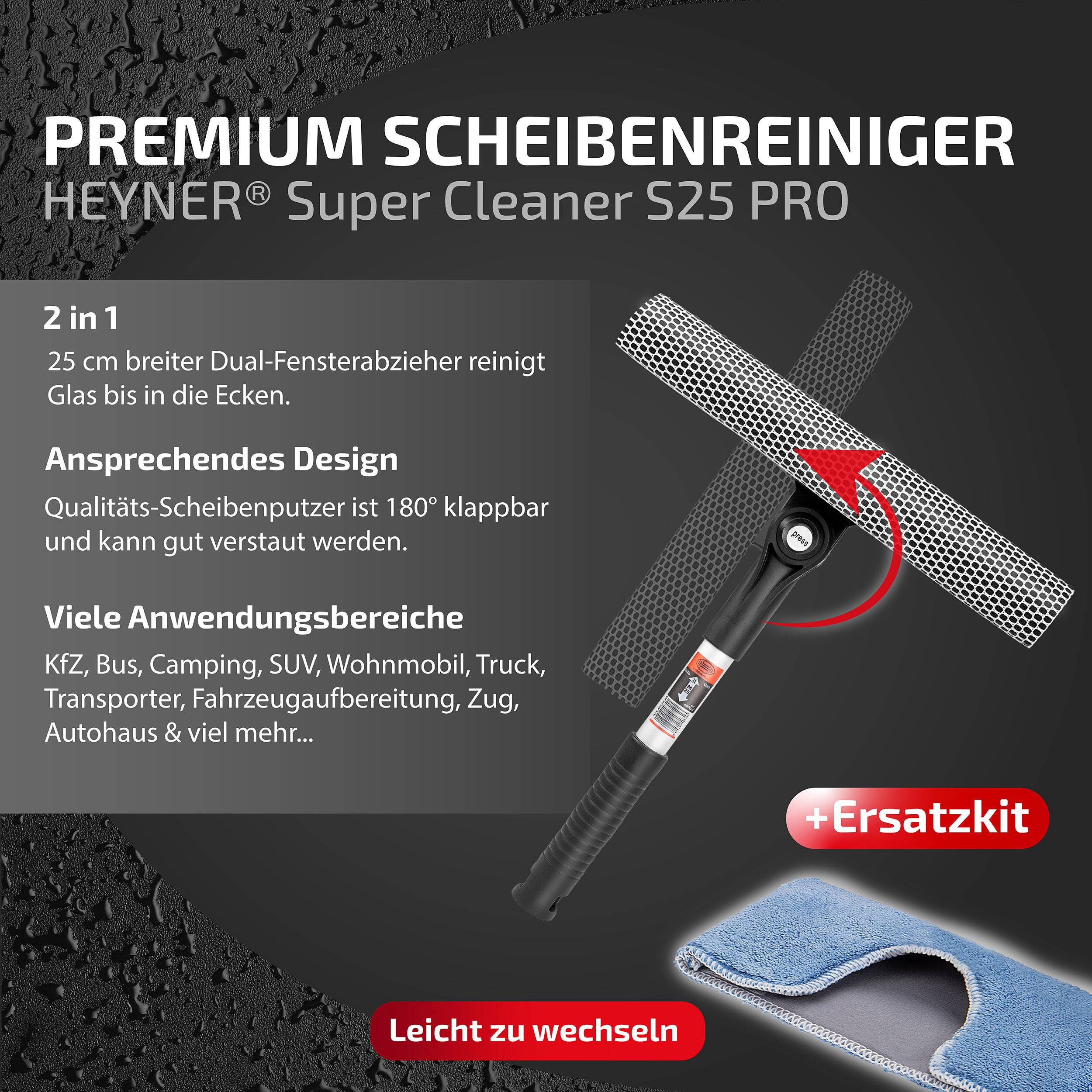 Heyner® Scheibenreiniger faltbar 25 cm mit klappbarem Kopf und ergonomischem Griff – inkl. Mikrofaser-Abdeckung für Pkw,