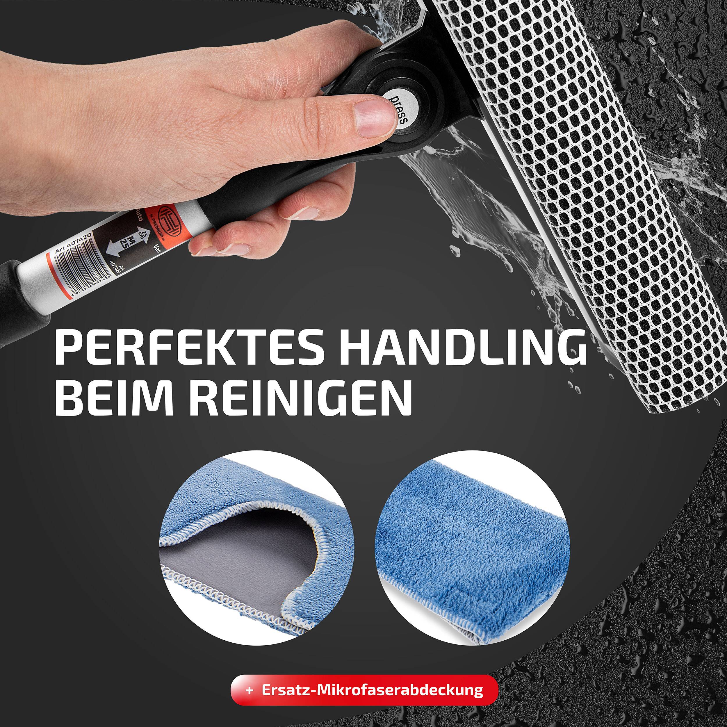 Heyner® Scheibenreiniger faltbar 25 cm mit klappbarem Kopf und ergonomischem Griff – inkl. Mikrofaser-Abdeckung für Pkw,