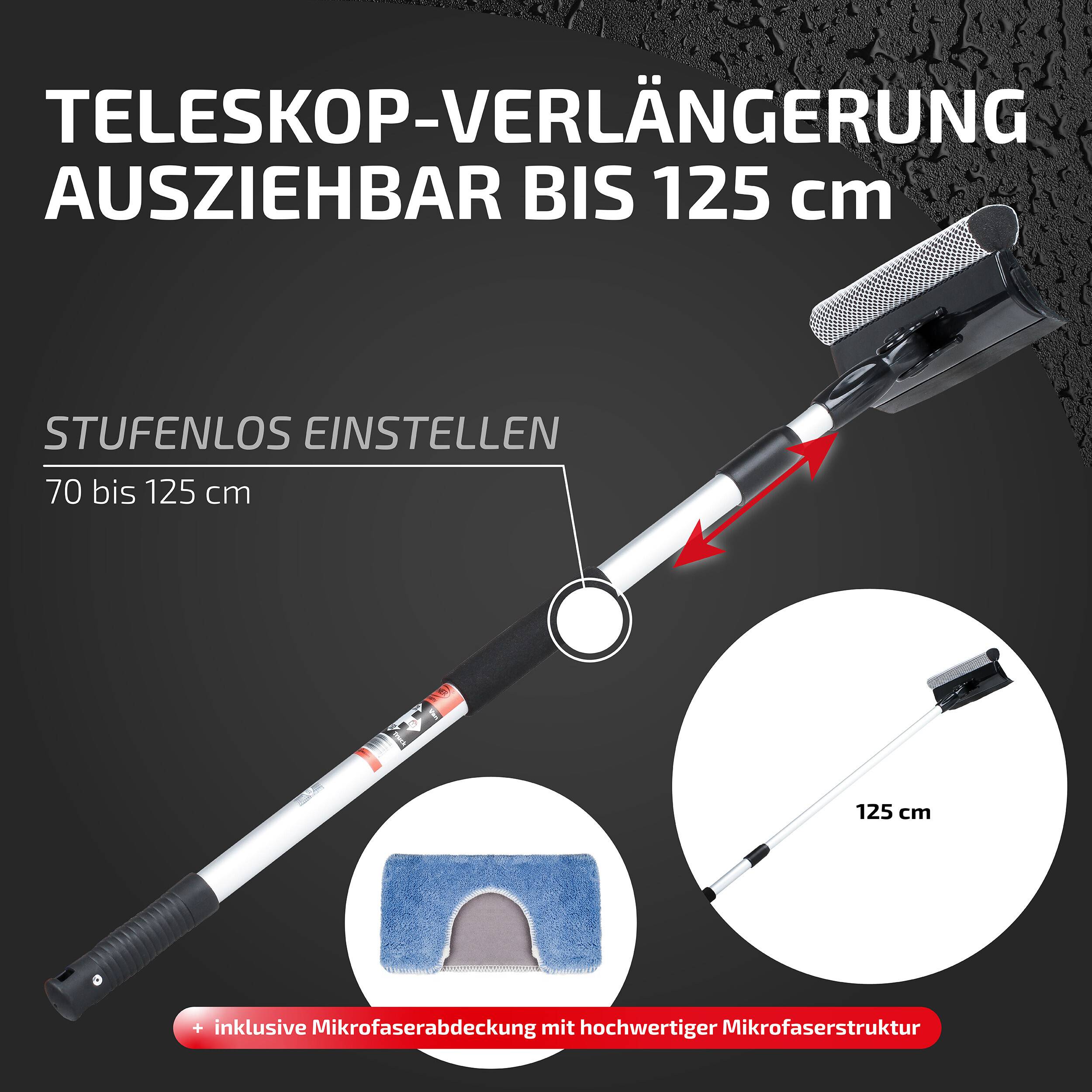 Teleskopischer Verlängerungsstab, verstellbar von 70 bis 125 cm, mit Mikrofaser-Bezug im Lieferumfang enthalten.