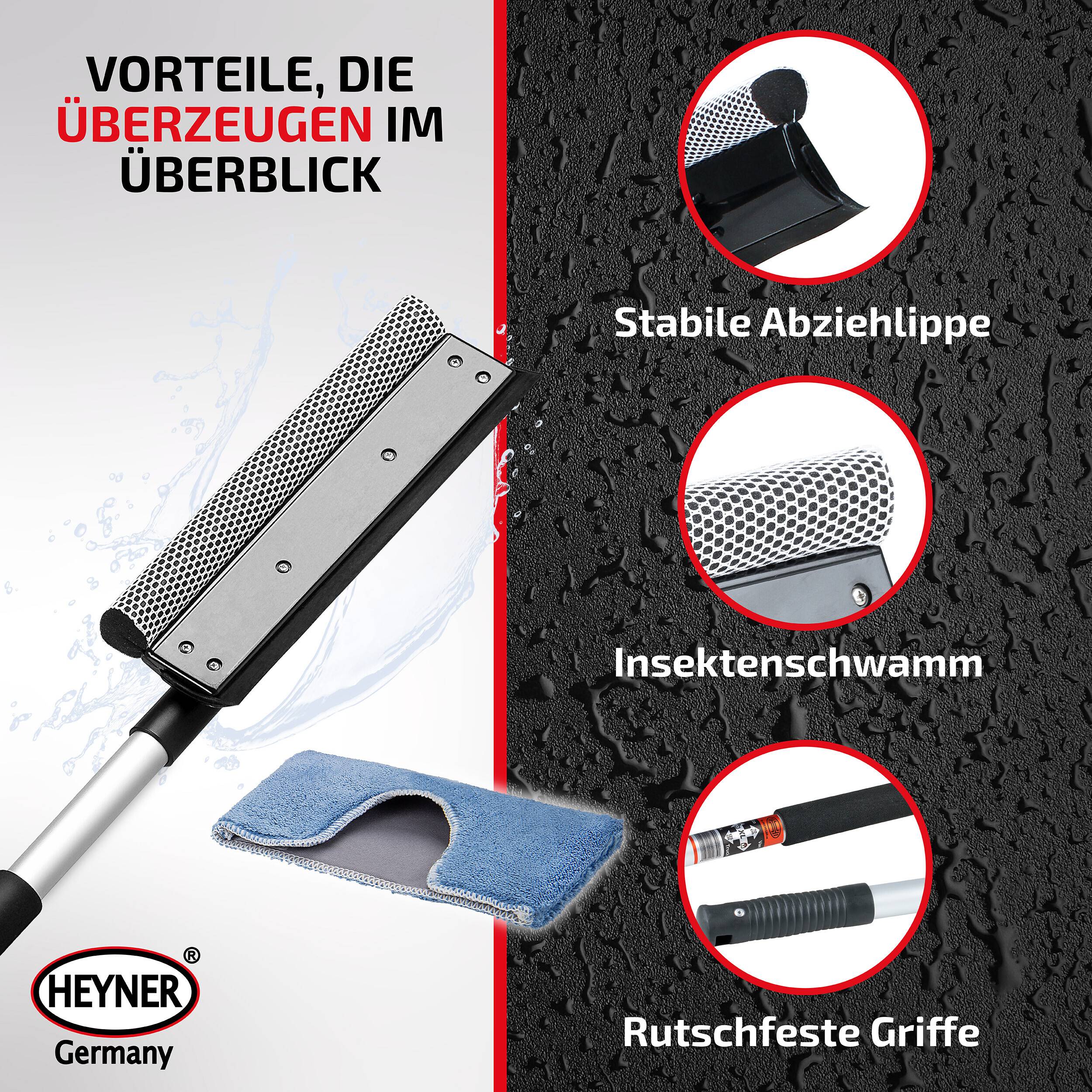 HEYNER® Scheibenreiniger-Set faltbar, 25 cm breit, inkl. Abdeckung & Stiel Reinigungs-Bundle mit Teleskop-Griff
