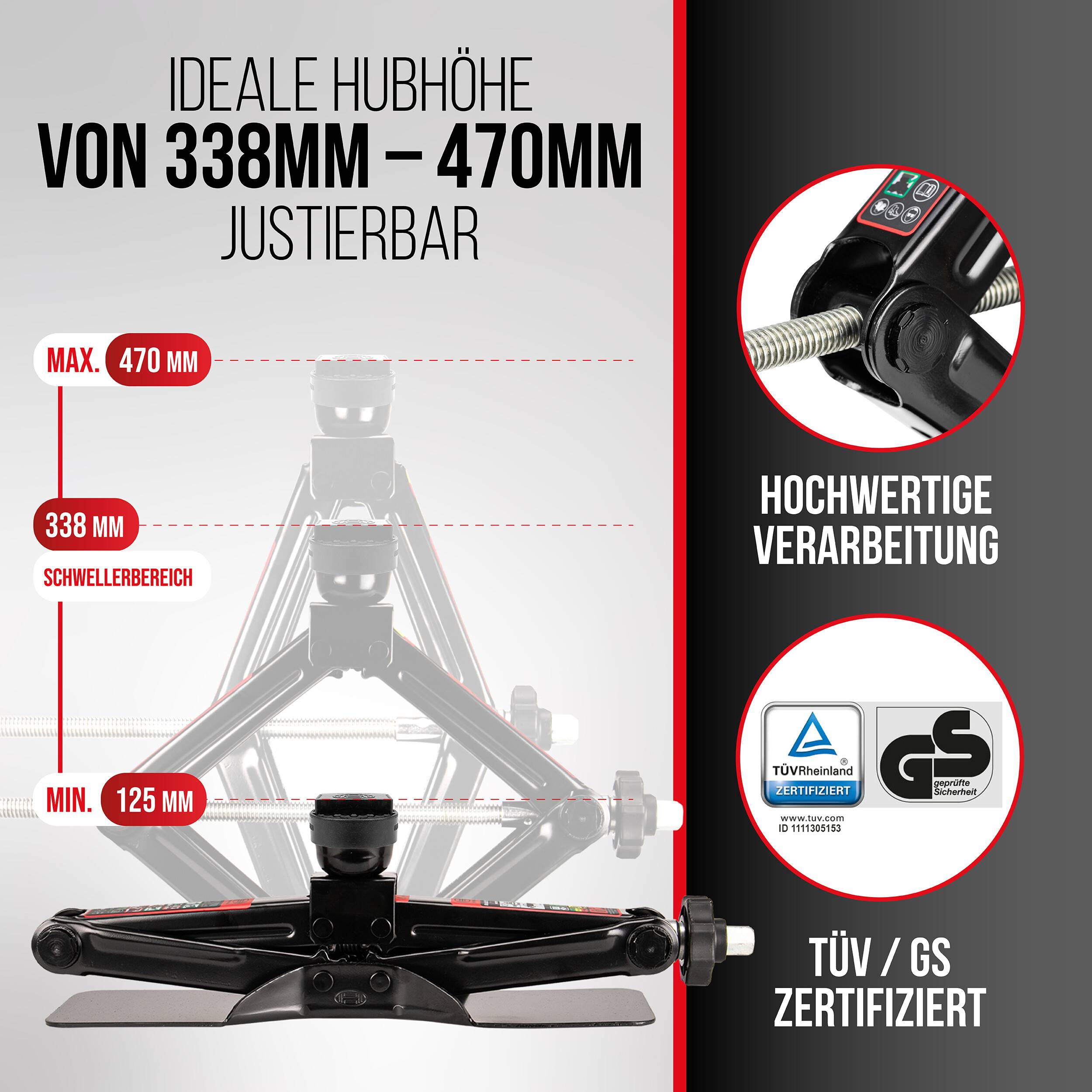 HEYNER® Scherenwagenheber 2 t mit Gummiauflagen - 125 - 470 mm Hubbereich,