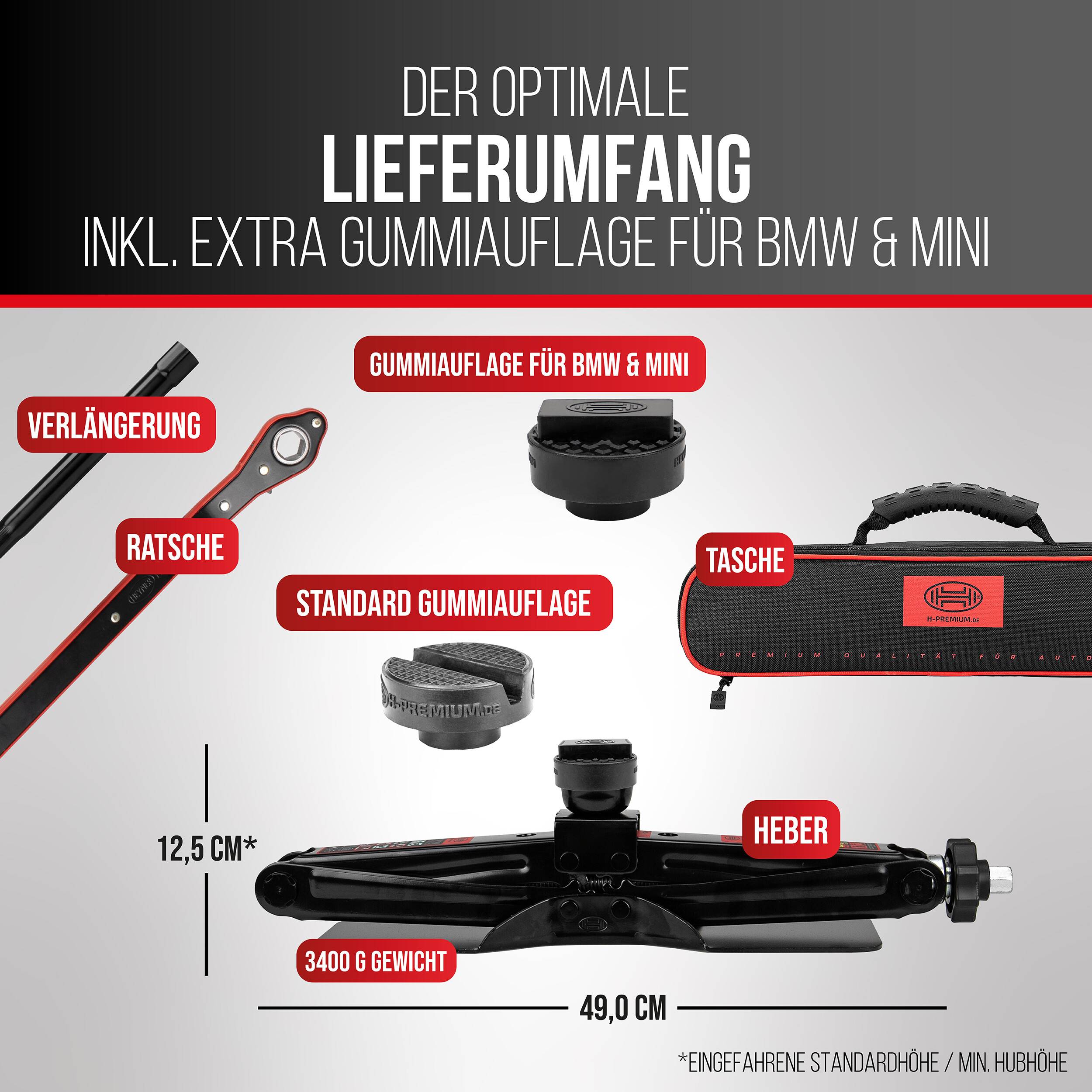 Produktlayout mit dem enthaltenen Steckersatz für BMW und MINI: Verlängerungsstange, Ratsche, BMW/MINI-Gummiauflage, Standard-Gummiauflage, Tragetasche und Wagenheber, mit Abmessungen 49,0 cm und 12,5 cm sowie Gewicht 3400 g.