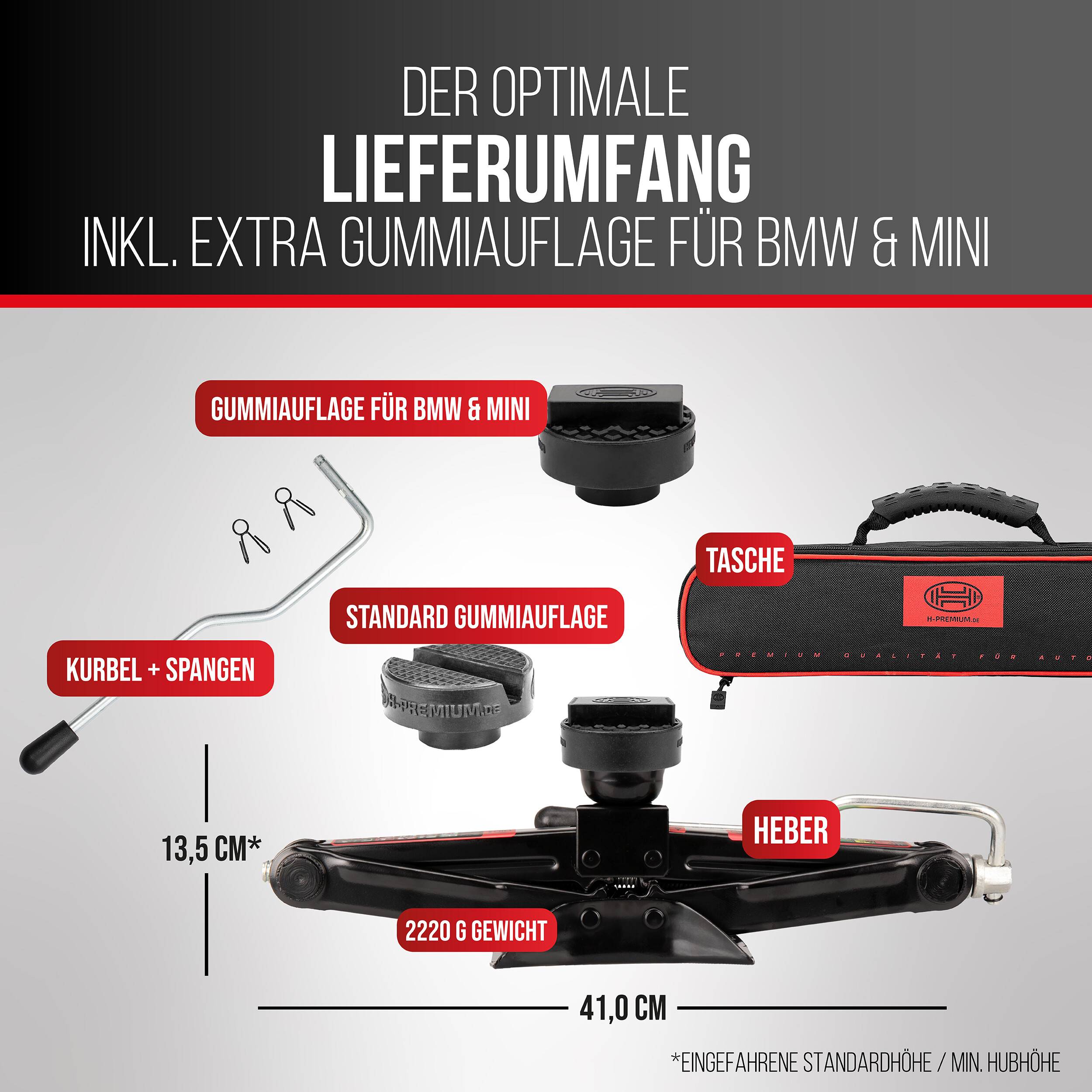 Infografik mit Inhalten des Wagenheber-Sets für BMW und MINI: Wagenheber-Griff und Haken, zusätzliche Gummiauflage, Standard-Gummiauflage, Transporttasche und Wagenheber mit 2.220 g Gewicht, 41,0 cm Breite und 13,5 cm Höhe.