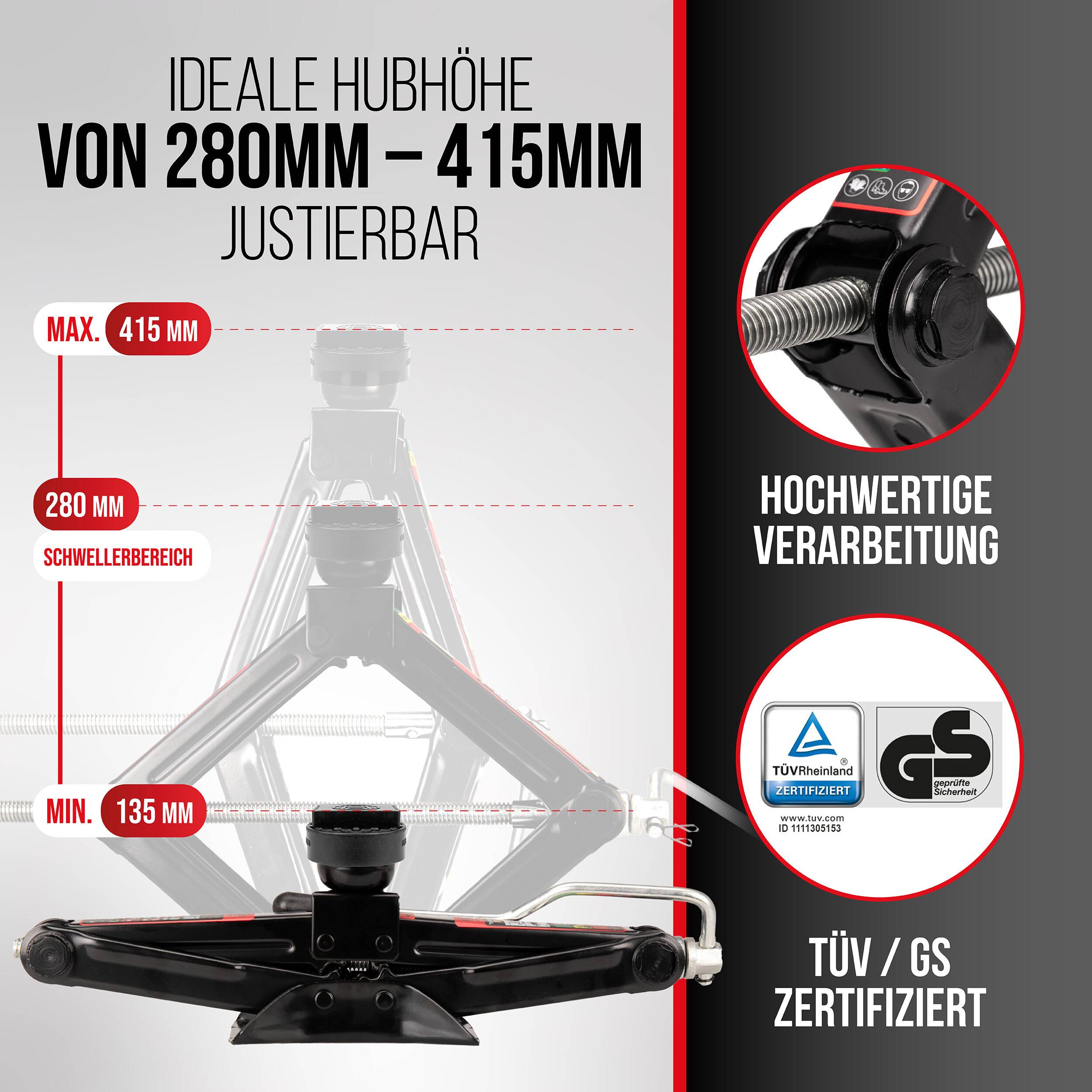 Grafik zeigt einen verstellbaren Wagenheber mit idealer Hubhöhe von 280 mm bis 415 mm, Mindesthöhe 135 mm; umfasst Nahaufnahmen der hochwertigen Konstruktion und TÜV/GS-Zertifizierung.