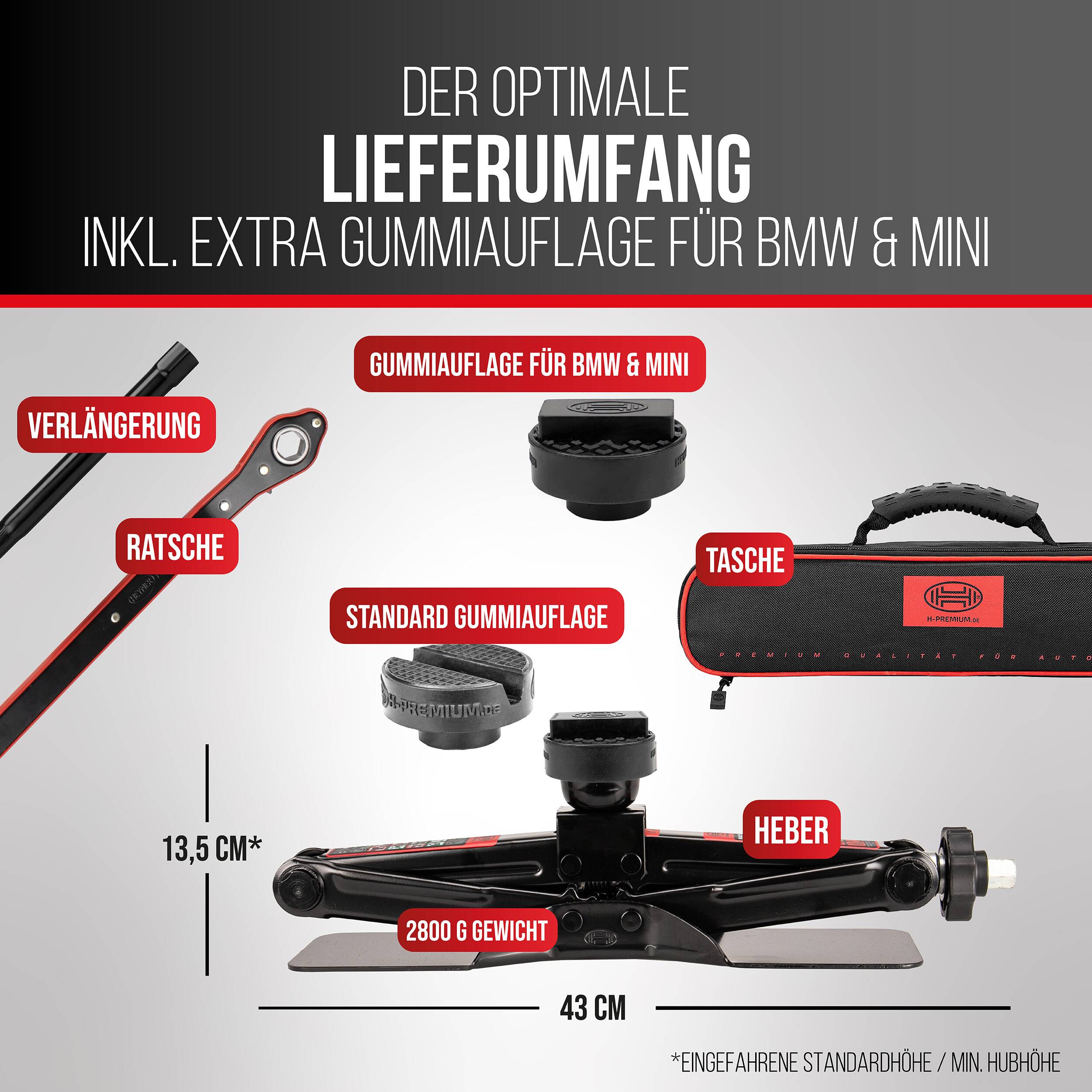 HEYNER® Scherenwagenheber 1,5 t mit Gummiauflage für BMW – 135–415 mm