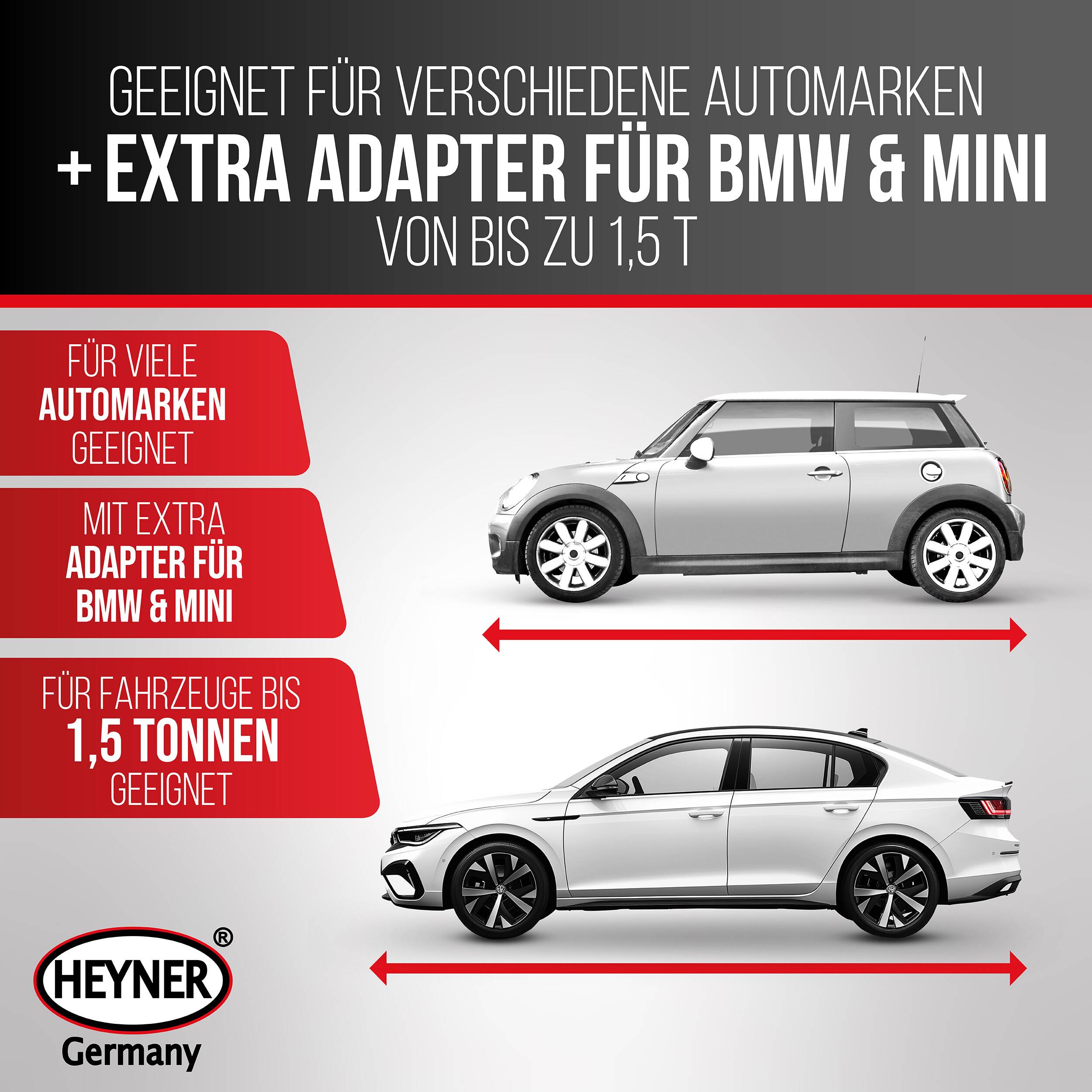 HEYNER® Scherenwagenheber 1,5 t mit Gummiauflage für BMW – 135–415 mm