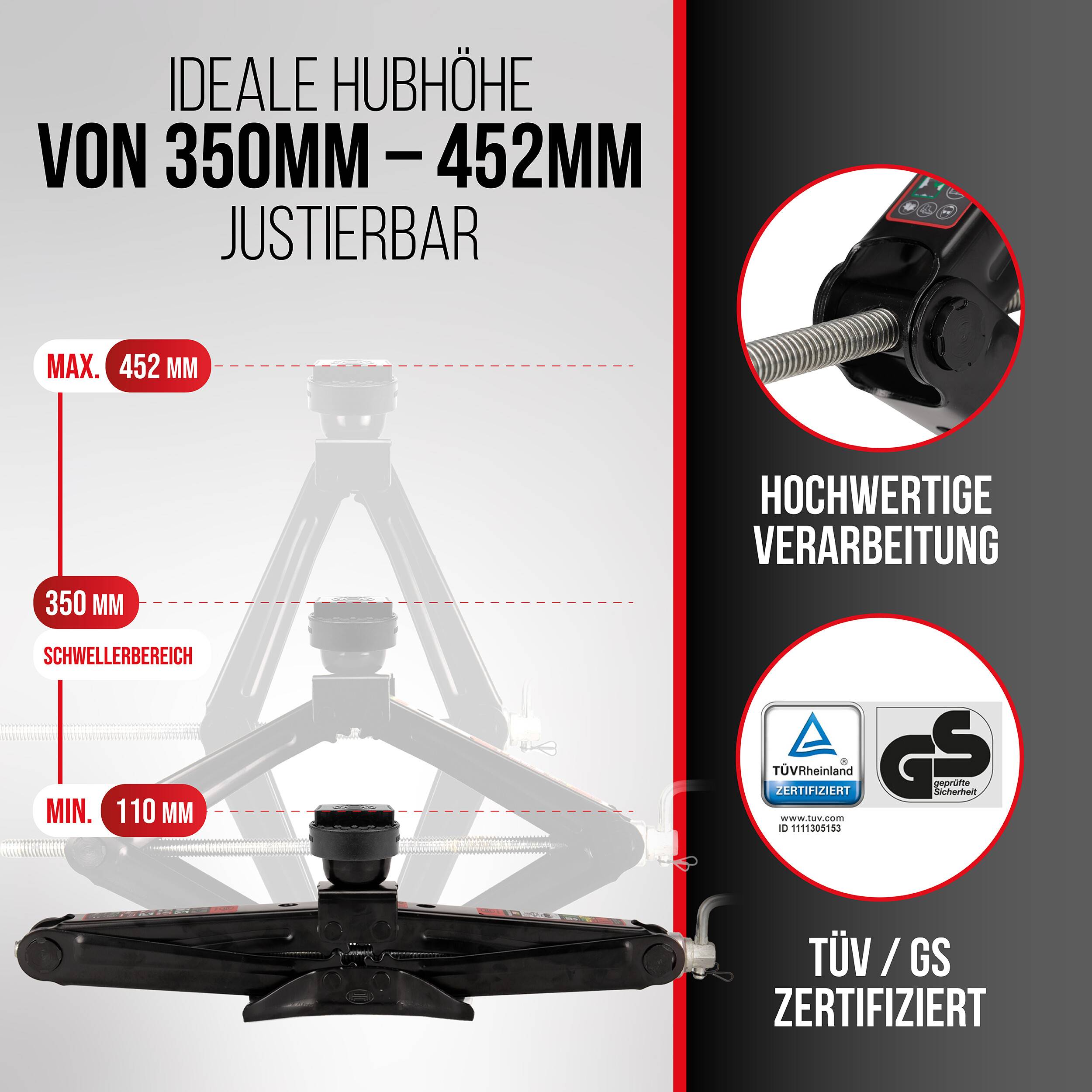 Grafik eines Wagenheber-Unterlegkeils mit einstellbarer Höhe von 350 mm bis 452 mm, mit 110 mm Mindestmaß und TÜV/GS-zertifizierter Qualität.
