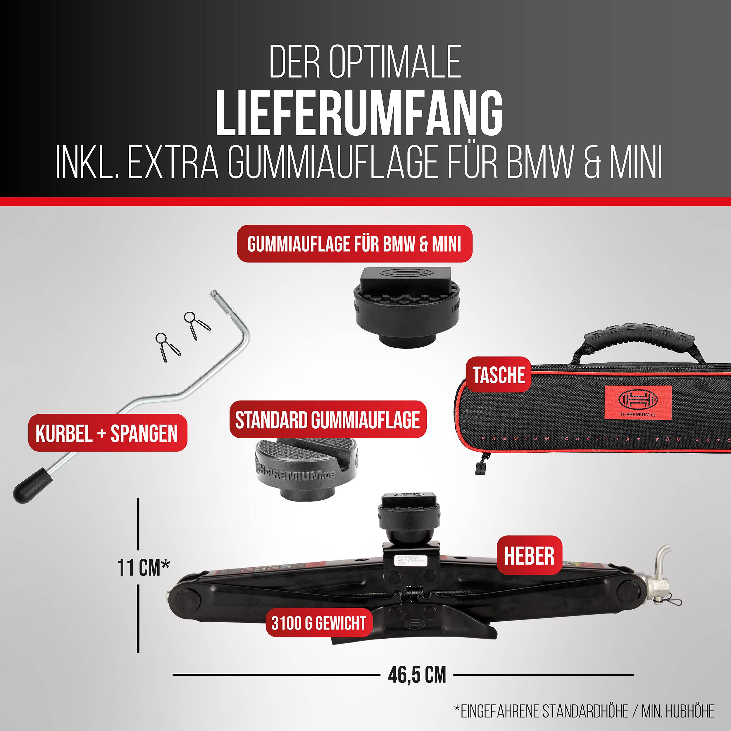 HEYNER® Scherenwagenheber 2 t, Gummiauflage, BMW, 110-452mm, TÜV Rheinland