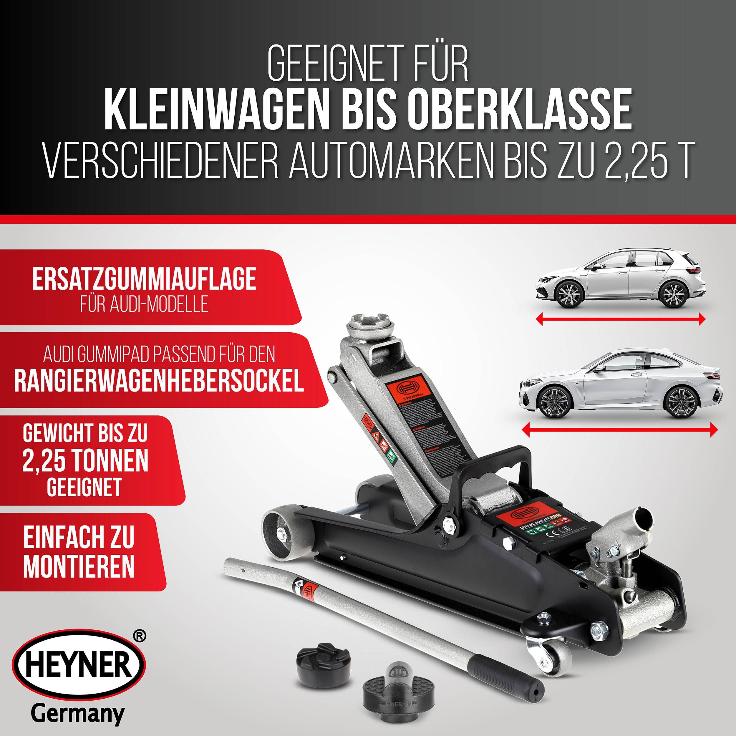 HEYNER® Hydraulik‑Rangierwagenheber Set 2,25 t, inkl.Gummiauflage Schwenkräder, 45mm (Durchmesser) Gummiteller,