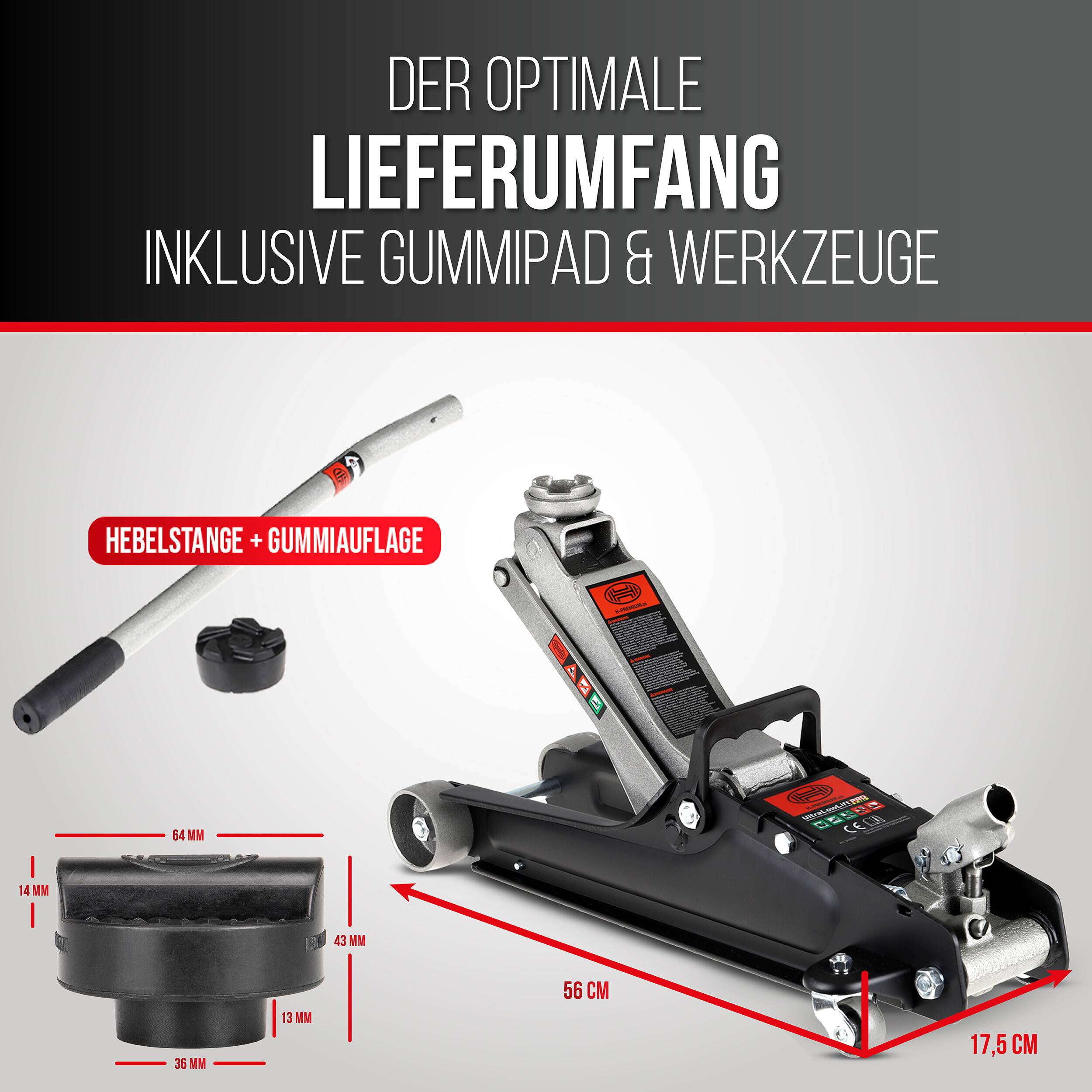 Produktgrafik in deutscher Sprache, die den optimalen Lieferumfang für einen Wagenheber zeigt: Wagenheber-Griff plus Gummipad, mit Wagenheber-Abmessungen mit 56 cm Länge und 17,5 cm Breite.
