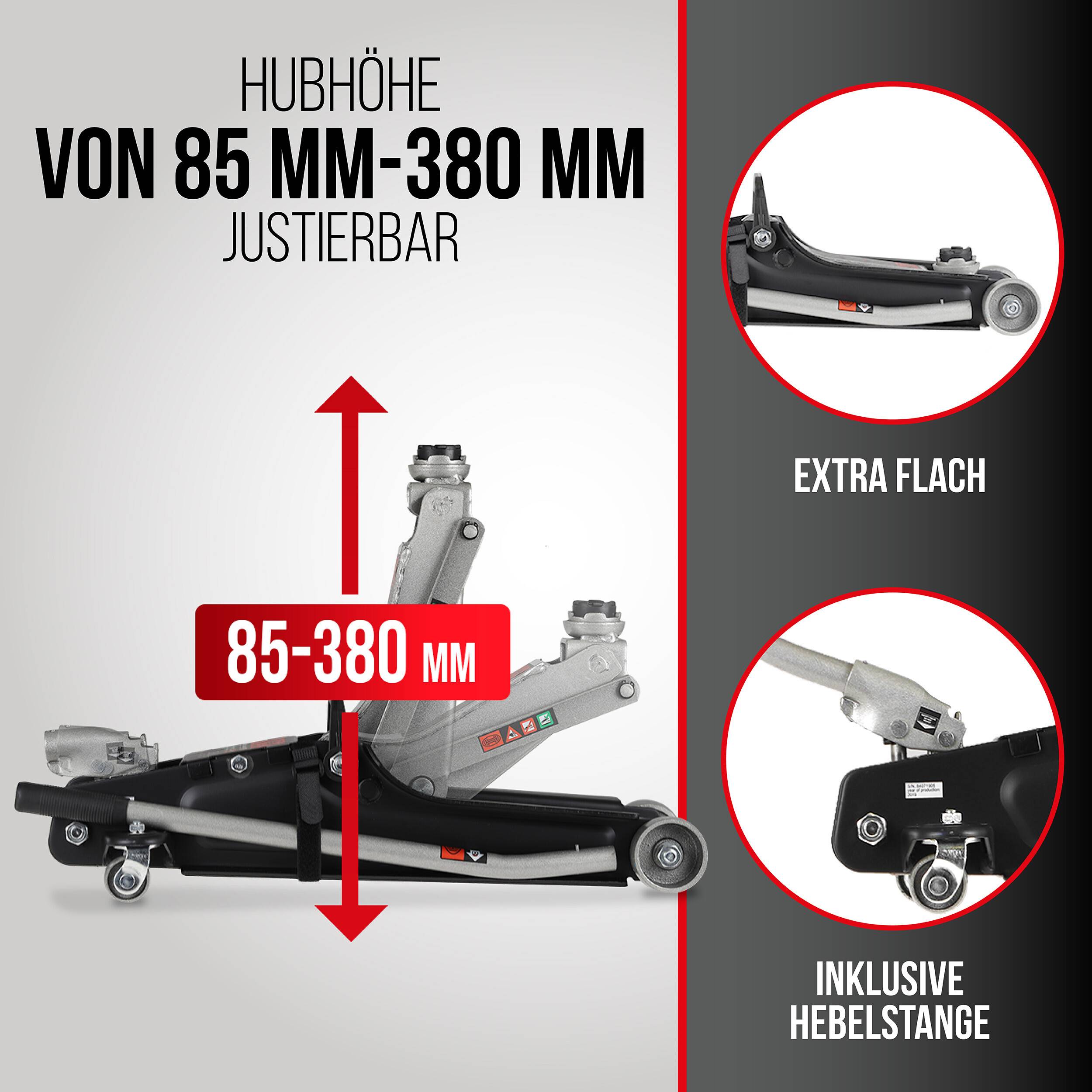 Hydraulischer Rangierwagenhebezeug mit verstellbarer Hubhöhe von 85 bis 380 mm, extraflaches Design und mitgeliefertem Hubstab.