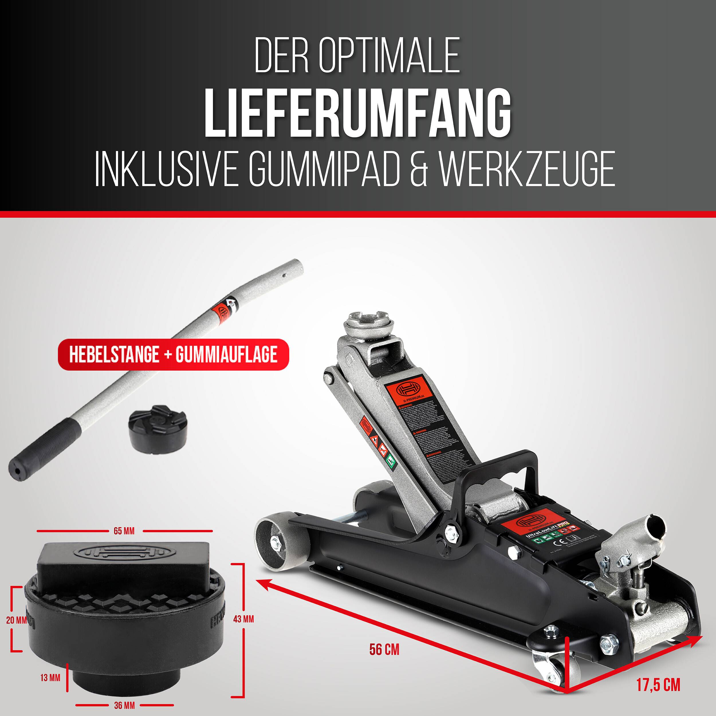 Infografik eines hydraulischen Wagenheber mit dem im Lieferumfang enthaltenen Griff und der Gummiunterlage, mit beschrifteten Abmessungen von 56 cm Länge und 17,5 cm Breite; deutscher Text besagt „optimaler Lieferumfang inklusive Gummiunterlage und Werkzeuge