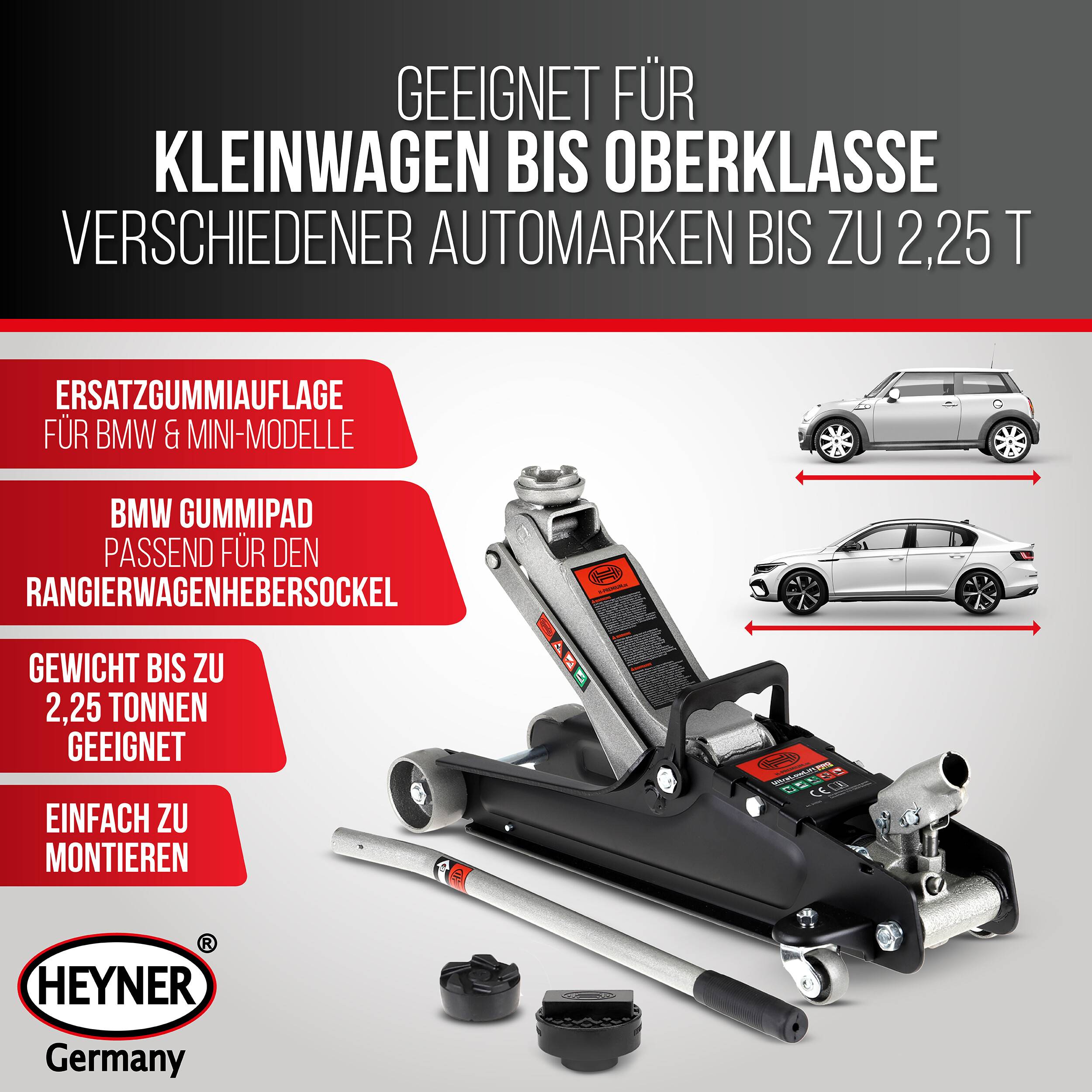Deutsches Wagenheber-Angebot mit hydraulischem Bodenheber für Autos bis 2,25 Tonnen, mit Beschriftungen für BMW/Mini-Gummiauflagen, einfache Installation und geeignet für kompakte bis Luxusfahrzeuge.