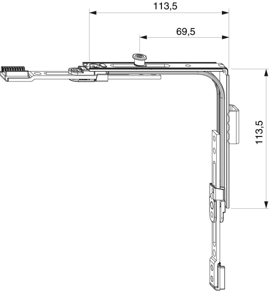 Eckumlenkung Drehkippbeschlag MultiMatic für Stulpflügelgetriebe zweiflüglig mit 1 i.S.Zapfen und Schließteil für Flügelfalzbreite 320-1650mm i