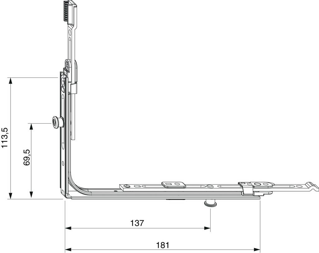 MultiMatic Eckumlenkung waagrecht- verlängerbar- für variable Getriebe- für Kipp-Dreh- mit 2 i.S. Zapfen- Flügelfalzbreite 320-1650mm- Silb