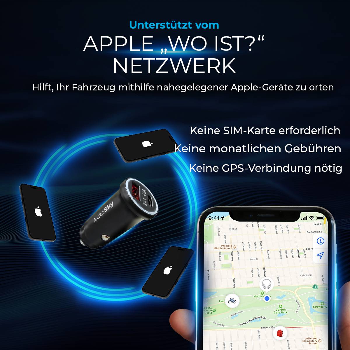 AutoSky KFZ Ladegerät mit GPS Tracker kompatibel mit Apple "Wo ist?" iPhone Auto