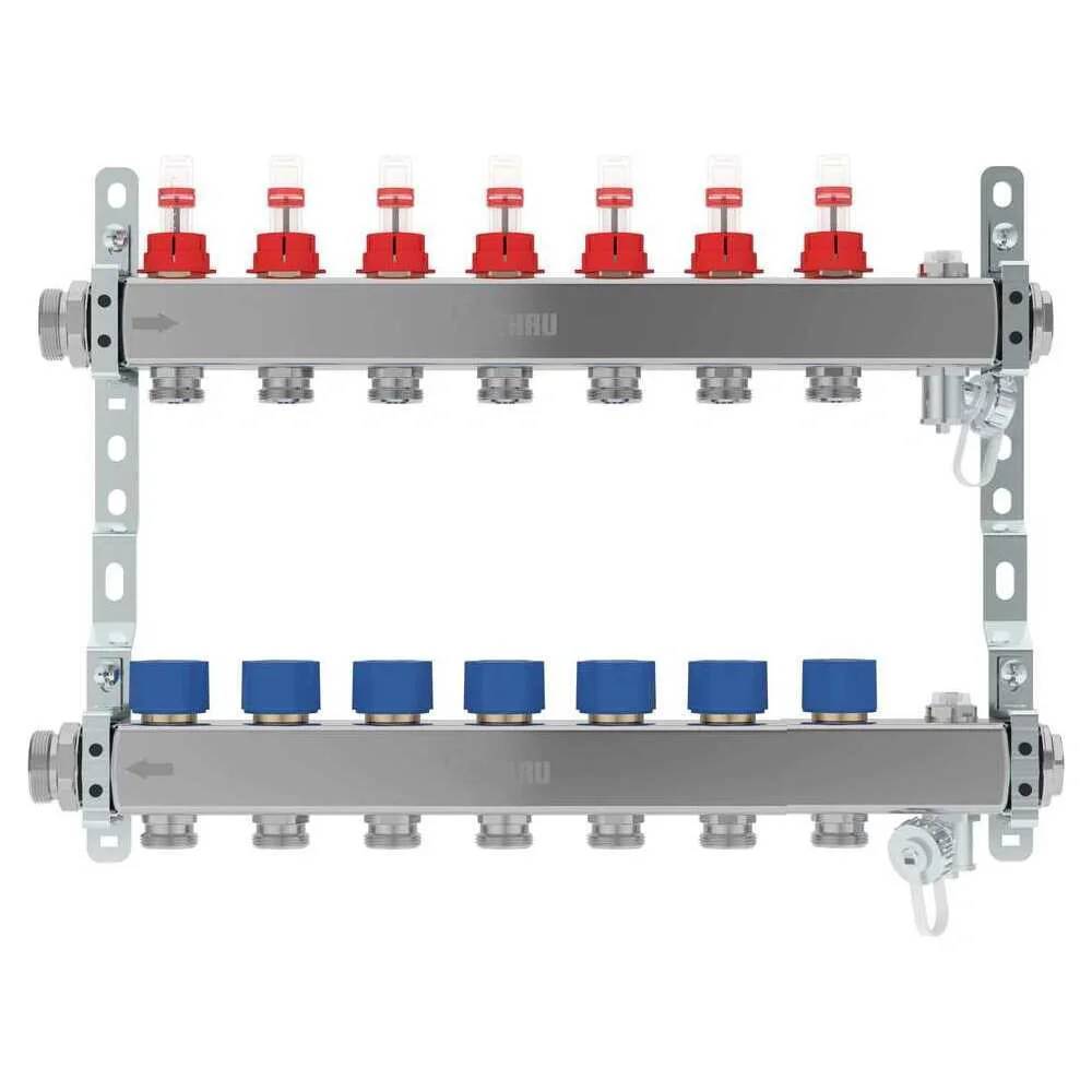 Doppelreihiger Fußbodenheizungsverteiler mit roten und blauen Ventilkappen auf einer Metallhalterung, verwendet zur Verteilung und Steuerung von Heizkreisläufen.