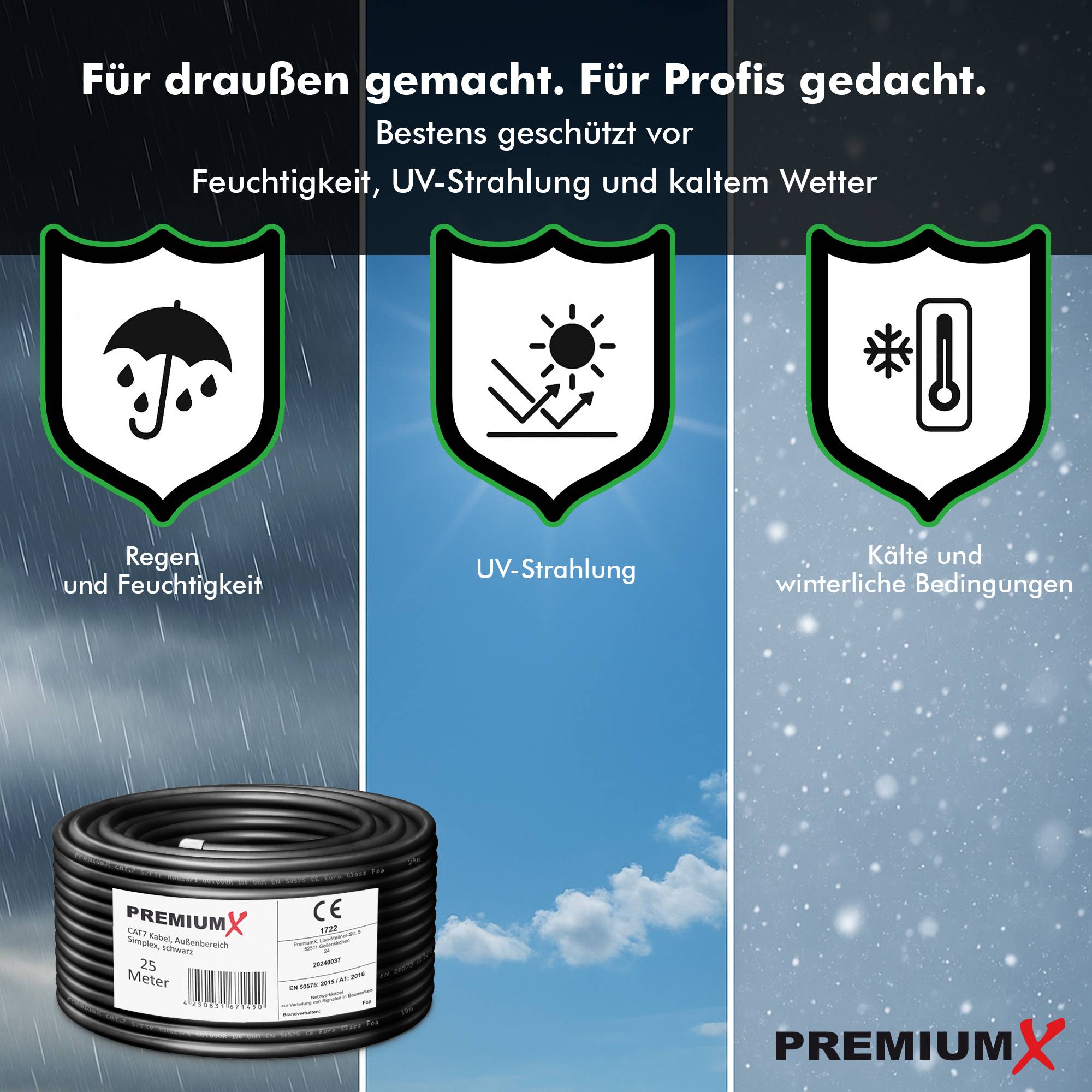 Premium X CAT 7 Outdoor Netzwerkkabel 25m – 10 Gbit/s Erdkabel Datenkabel Ethernetkabel LAN Kabel für Außen S/FTP AWG23/1 Verlegekabel - reines