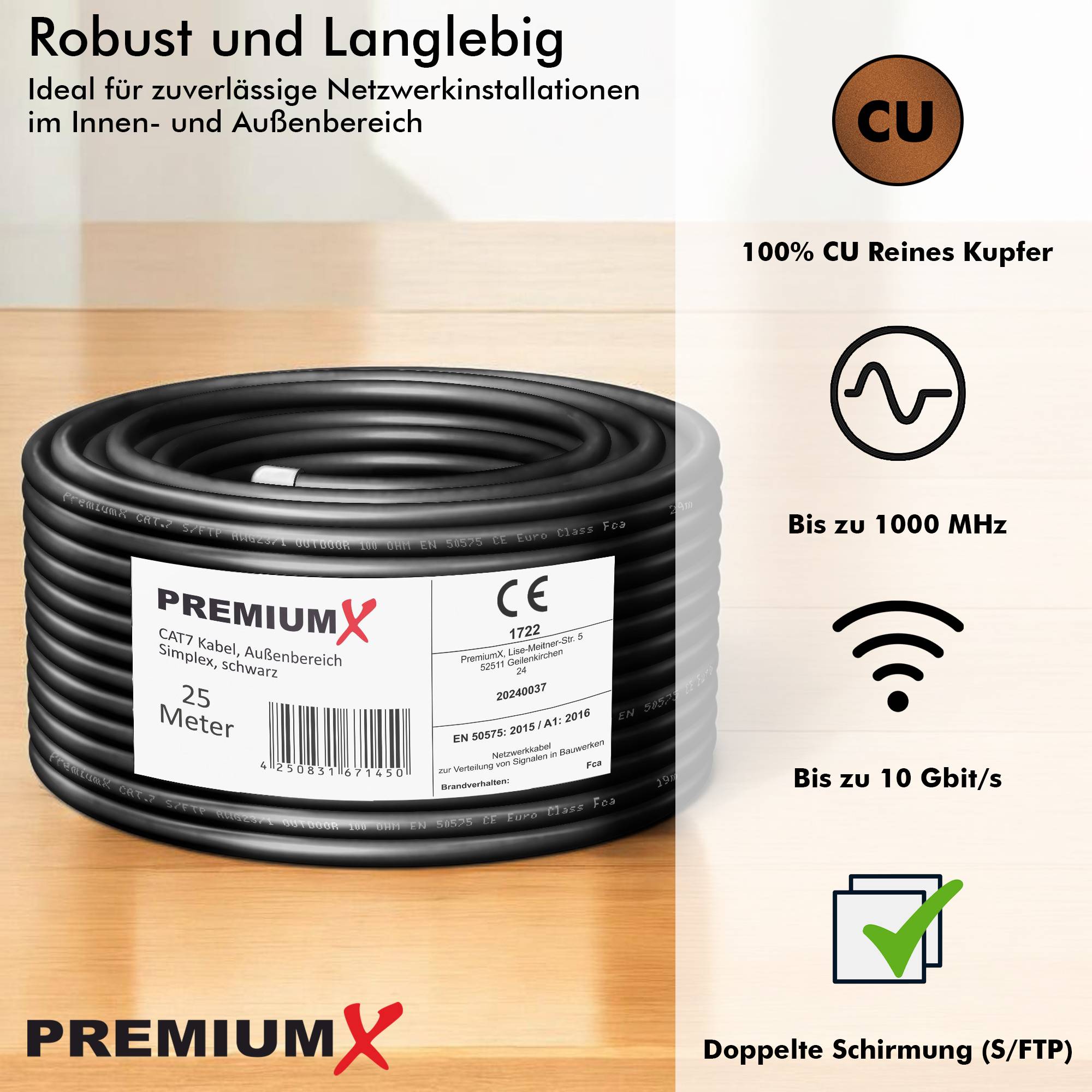 Premium X CAT 7 Outdoor Netzwerkkabel 25m – 10 Gbit/s Erdkabel Datenkabel Ethernetkabel LAN Kabel für Außen S/FTP AWG23/1 Verlegekabel - reines