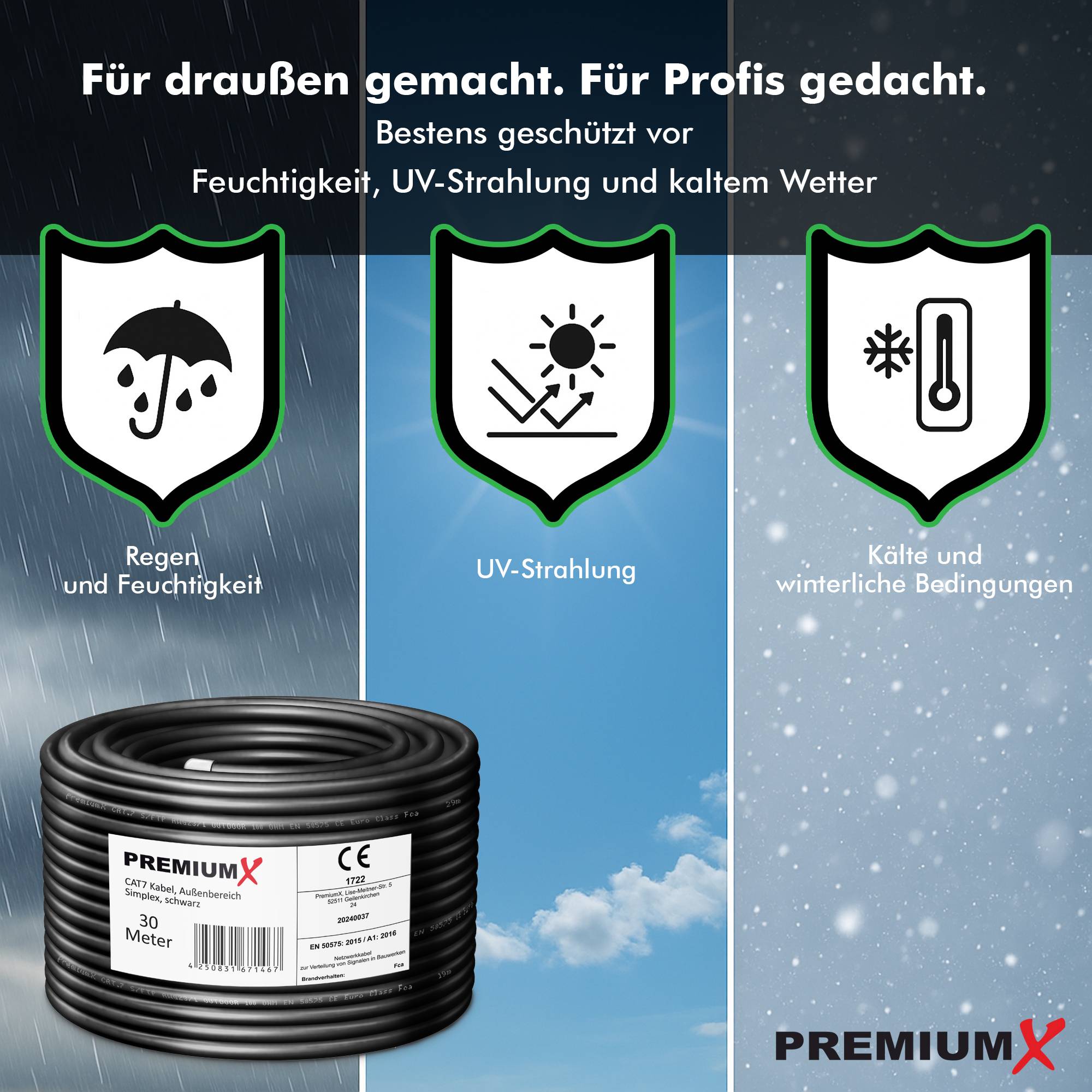 Premium X CAT 7 Outdoor Netzwerkkabel 30m – 10 Gbit/s Erdkabel Datenkabel Ethernetkabel LAN Kabel für Außen S/FTP AWG23/1 Verlegekabel - reines