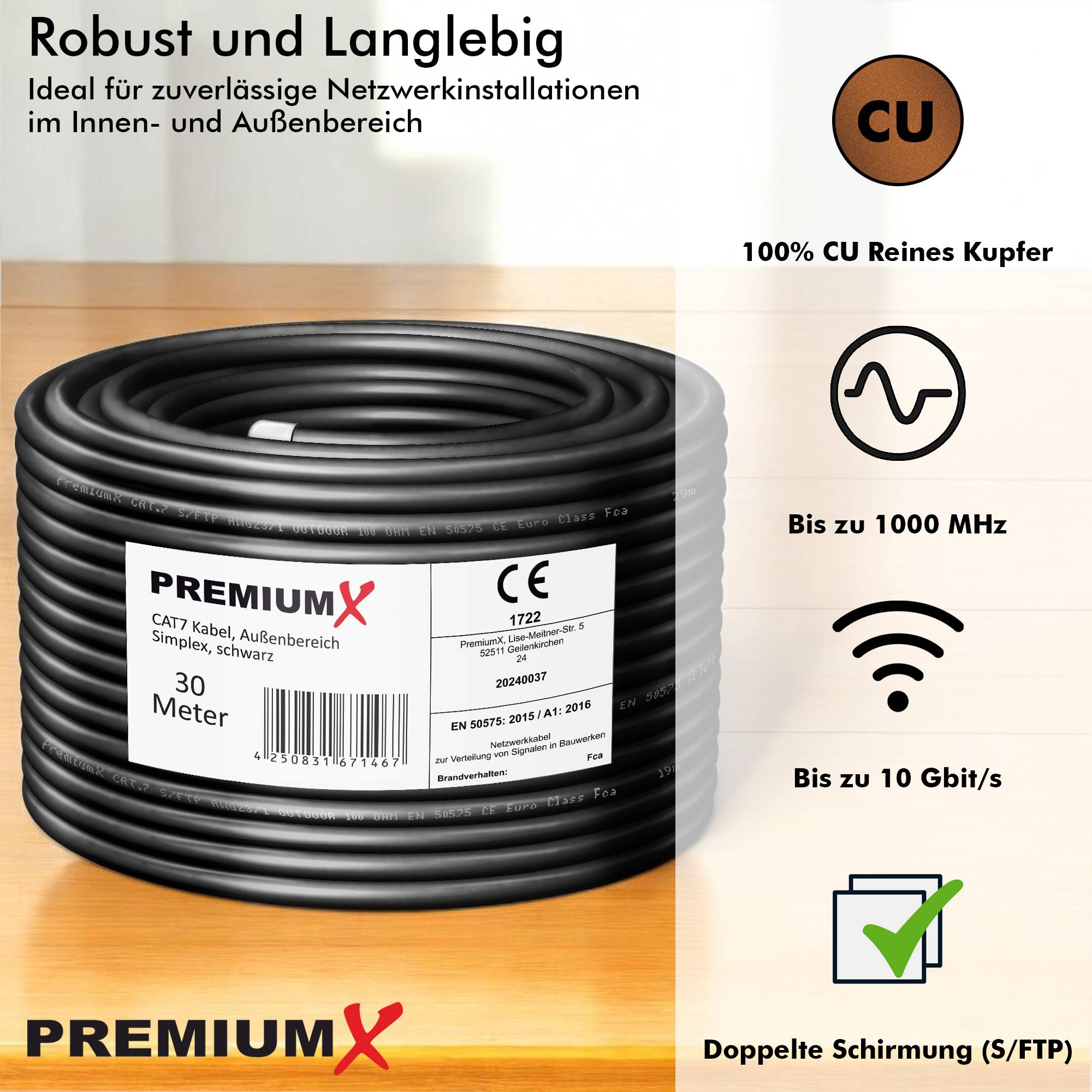 Premium X CAT 7 Outdoor Netzwerkkabel 30m – 10 Gbit/s Erdkabel Datenkabel Ethernetkabel LAN Kabel für Außen S/FTP AWG23/1 Verlegekabel - reines