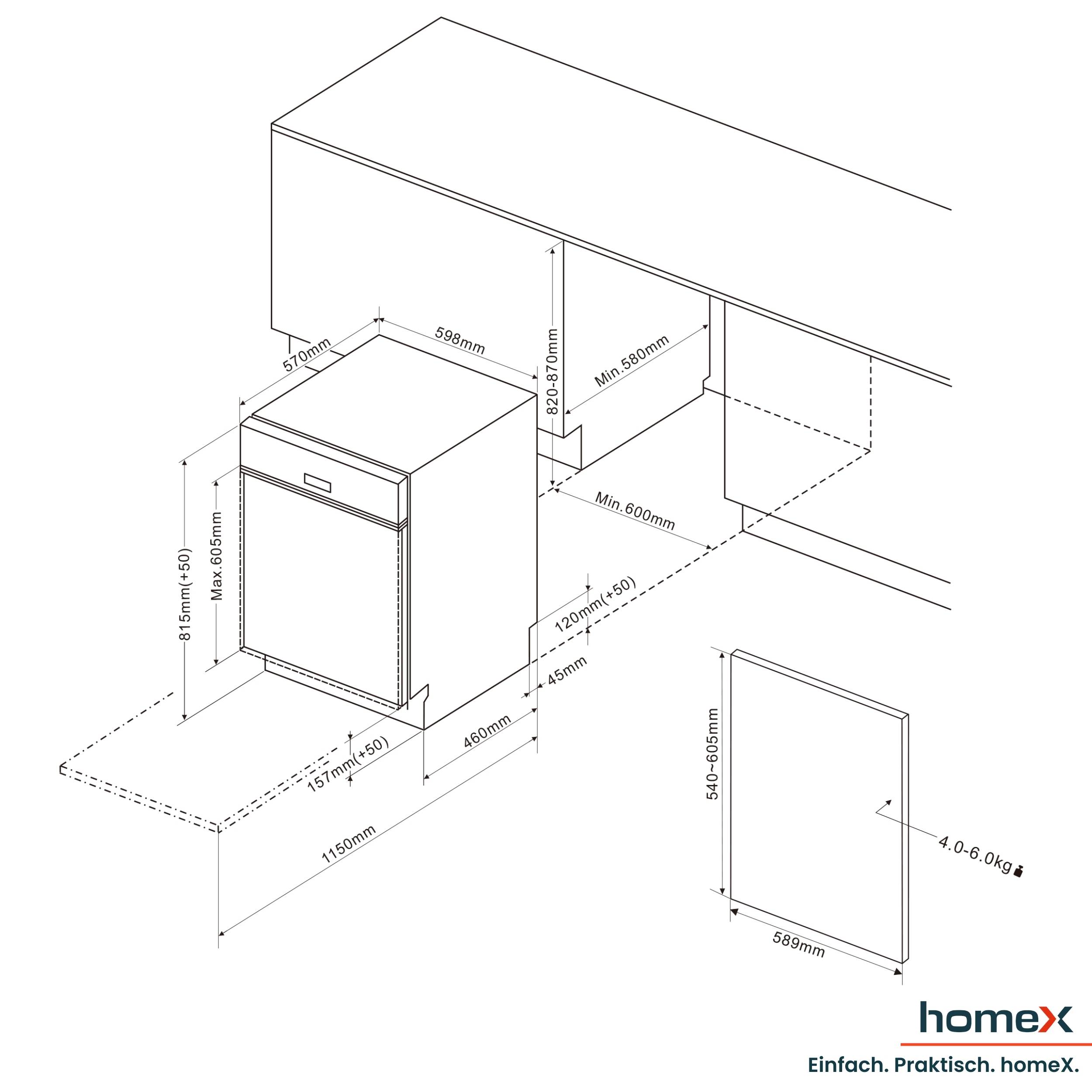 homeX DWSI601442A Geschirrspüler 60 cm, Spülmaschine teilintegrierbar - 14 Maßgedecke, 9 Programme, Einbaugeschirrspüler