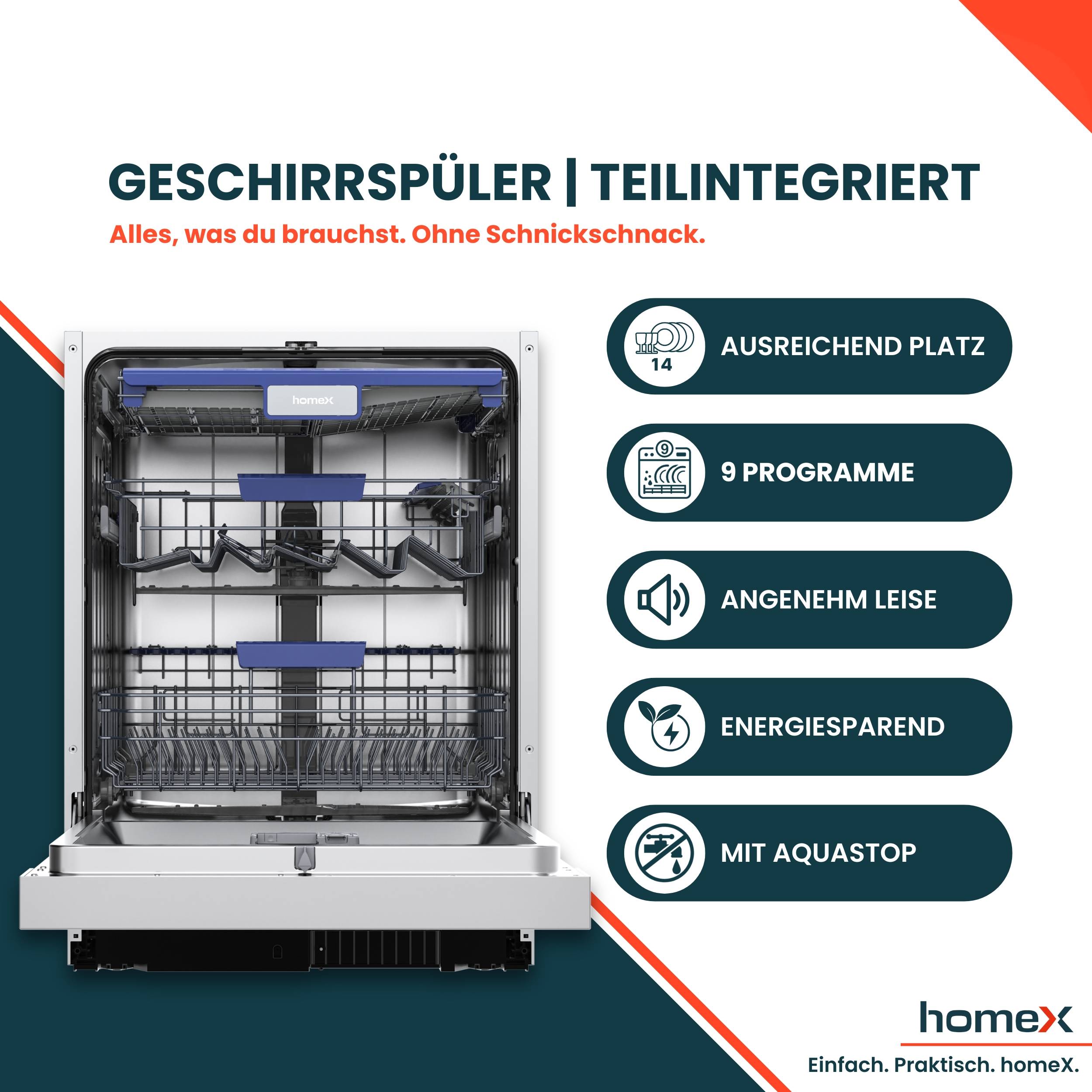 homeX DWSI601442A Geschirrspüler 60 cm, Spülmaschine teilintegrierbar - 14 Maßgedecke, 9 Programme, Einbaugeschirrspüler