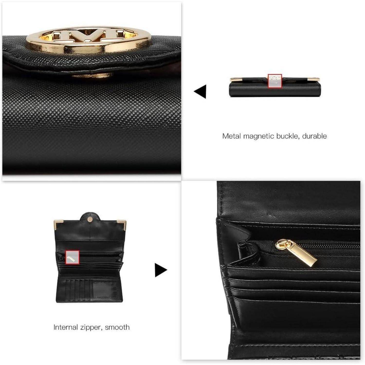 Collage einer schwarzen Brieftasche mit einem robusten Metallmagnetverschluss und einem glatten inneren Reißverschluss.