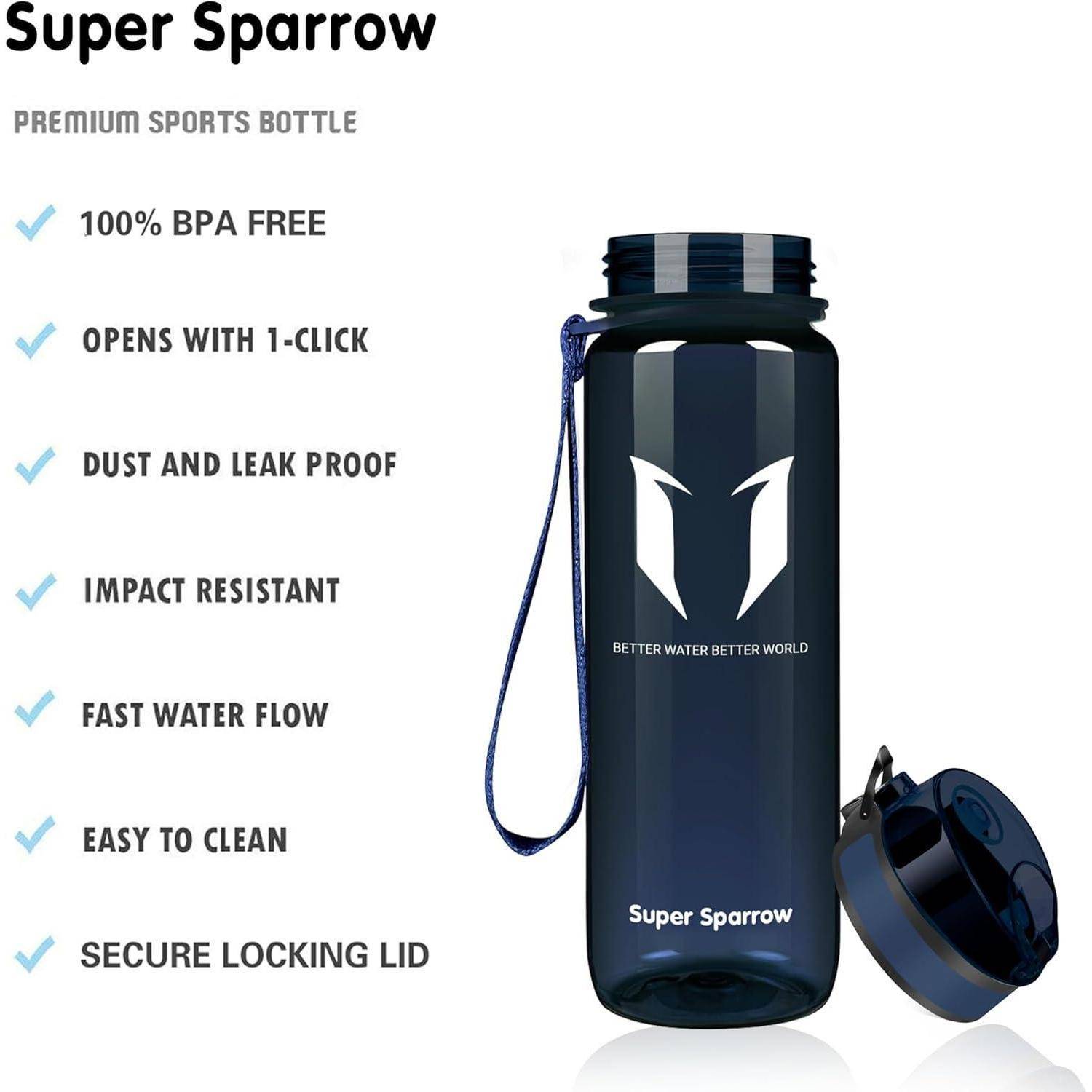"Super Sparrow" Premium-Sportflasche mit folgenden Funktionen: 100% BPA-frei, Öffnung mit 1-Klick, staub- und auslaufsicher, stoßfest, schneller Wasserdurchfluss, einfach zu reinigen, Verschlussdeckel mit Sicherheitsverriegelung.