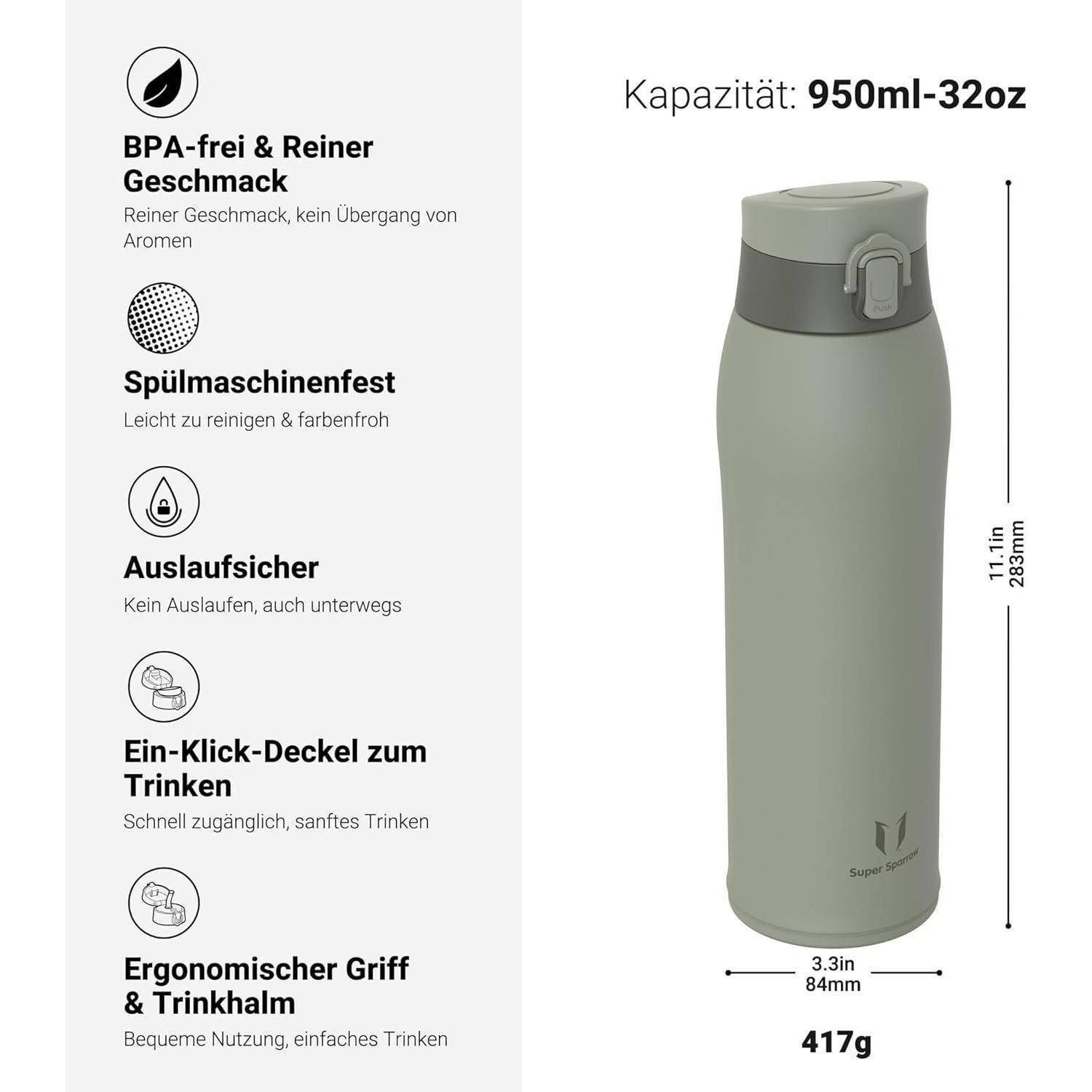 Produktinfografik für eine isolierte Flasche: BPA-frei, spülmaschinenfest, auslaufsicher, Trinklid mit Ein-Klick-Bedienung, ergonomischer Griff, 950 ml Fassungsvermögen, 11,1 Zoll groß, 3,3 Zoll breit, 417 g.