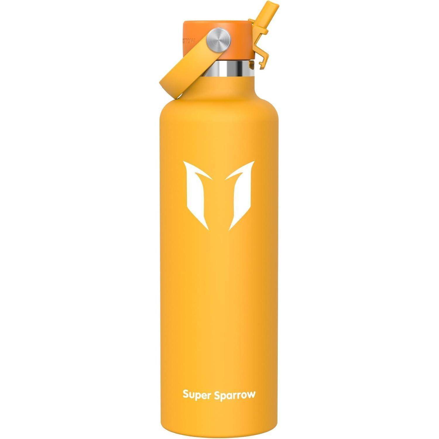 Gelbe isolierte Wasserflasche mit Verschlussdeckel mit Riemen und weißem vogelartigen Logo, mit der Bezeichnung „Super Sparrow