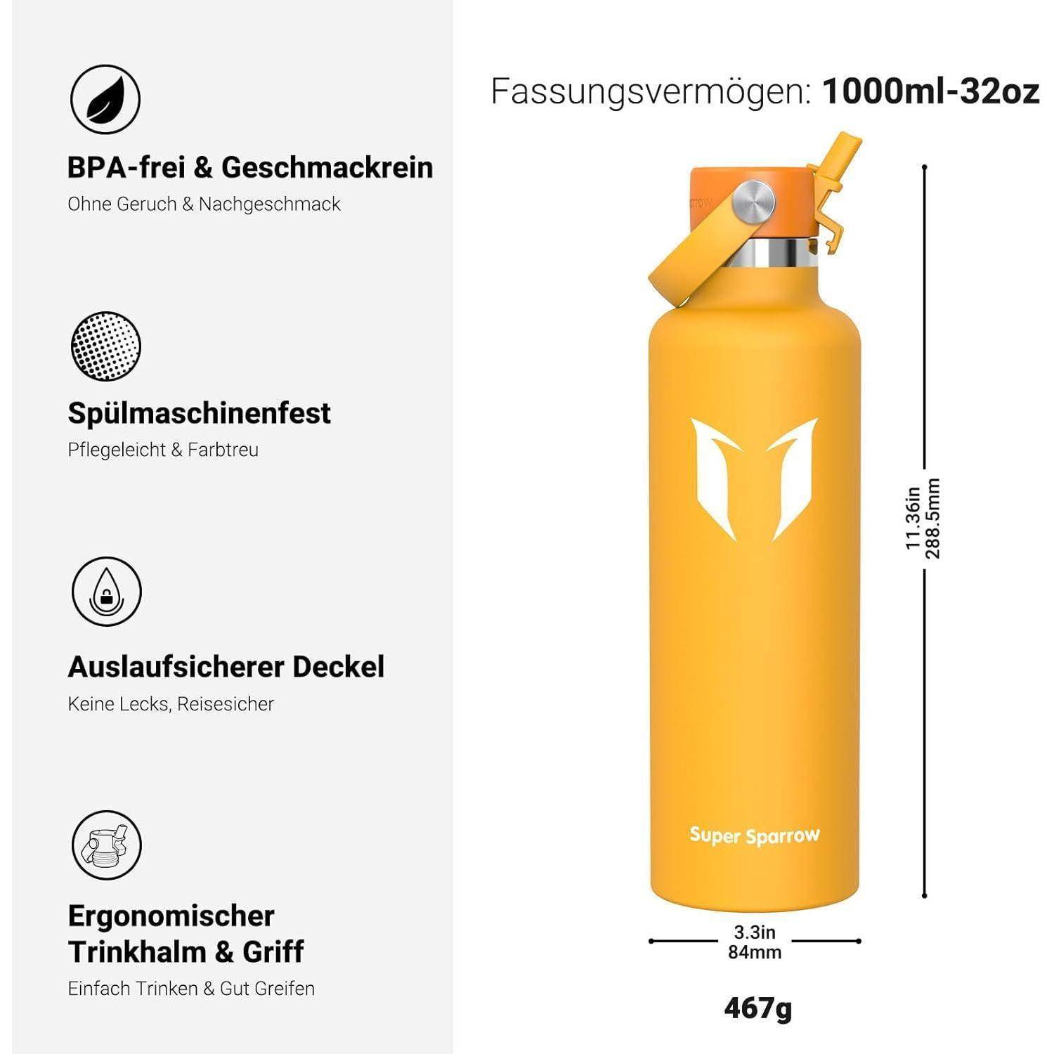 Produktinfografik einer orangefarbenen 1000-ml-Wasserflasche mit der Bezeichnung „Super Sparrow