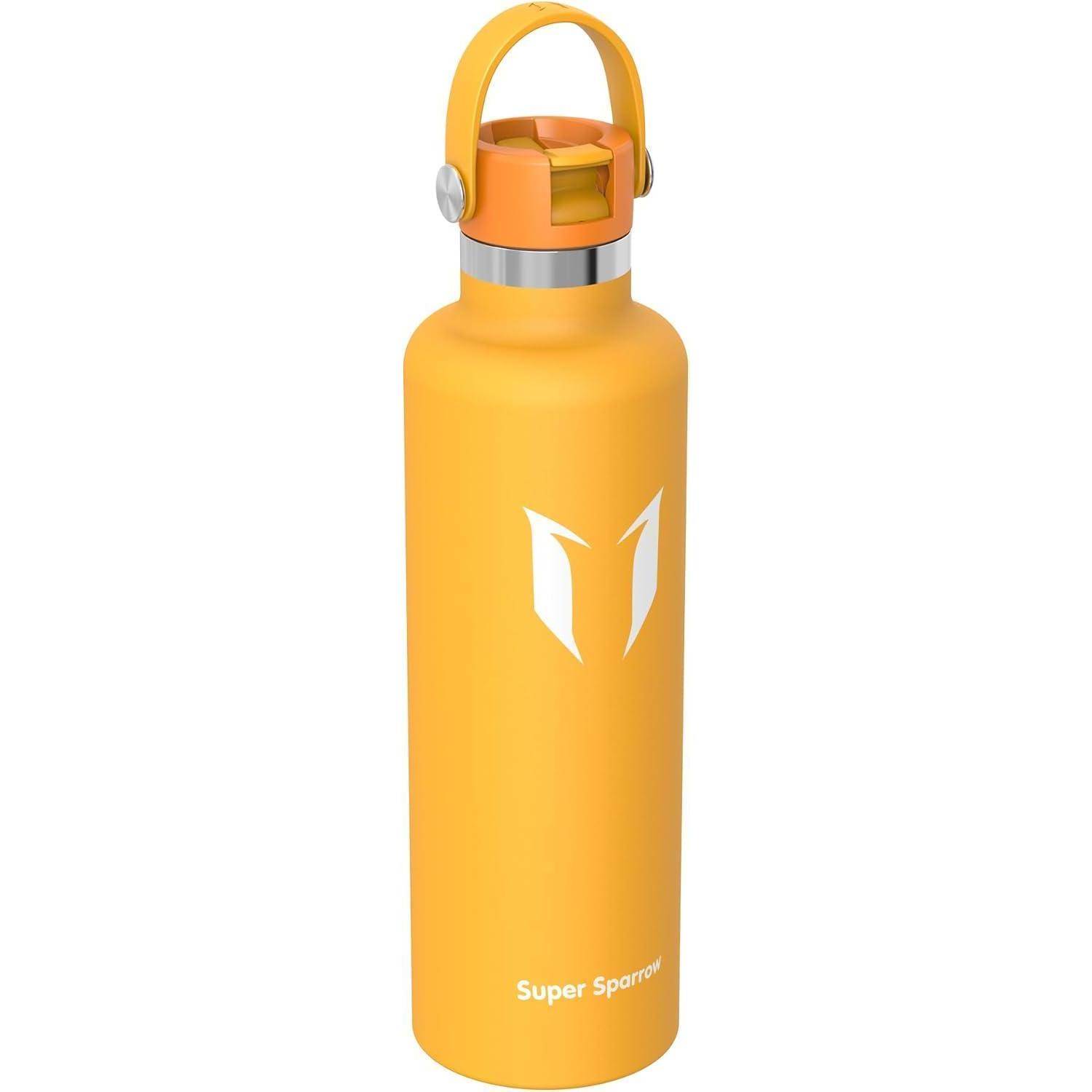 Gelbe isolierte Wasserflasche mit Griff und silberner Kappe, mit der Bezeichnung „Super Sparrow