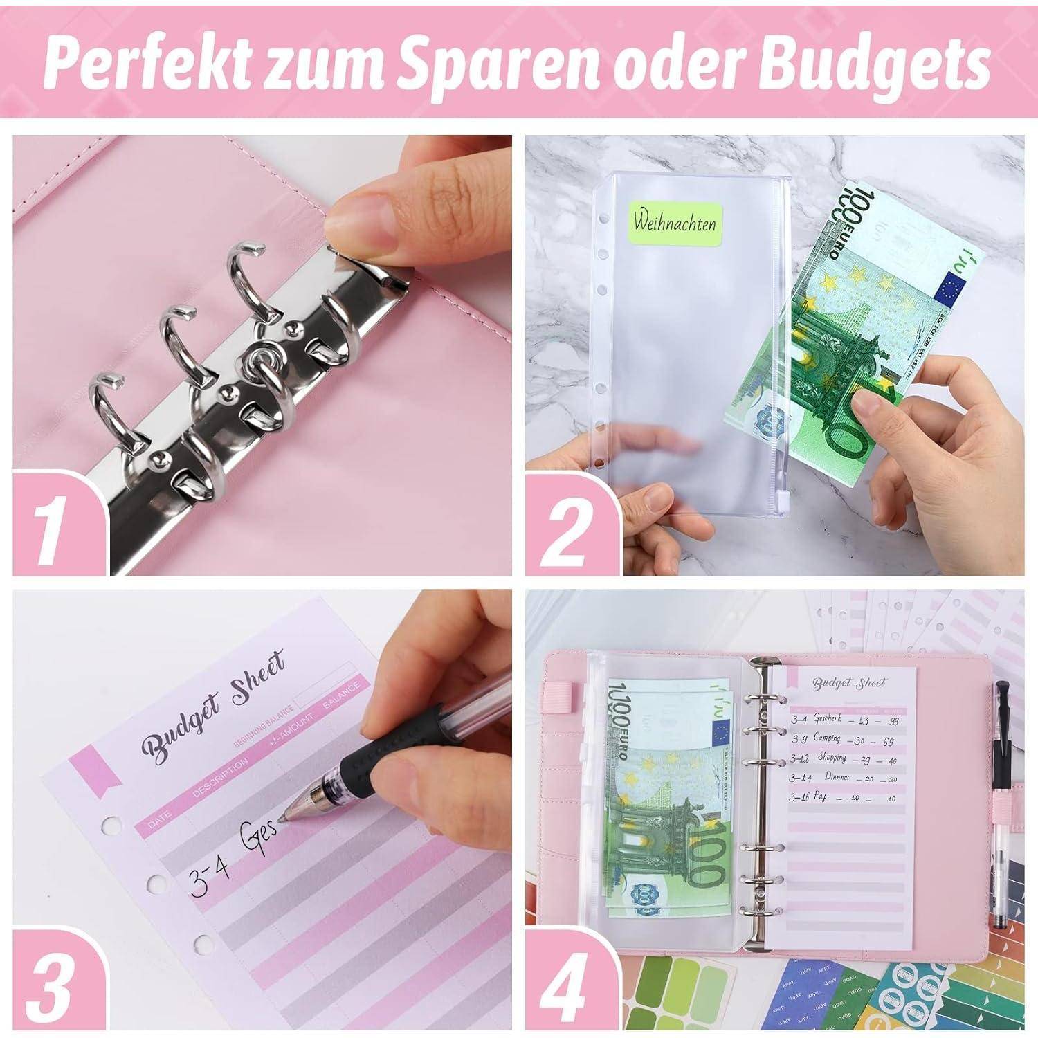 Vierschritte-Budgetplaner: Ein rosa Ordner mit Geldumschlägen und einem Budgetblatt, das zeigt, wie Bargeld aufbewahrt und Ausgaben aufgeschrieben werden.