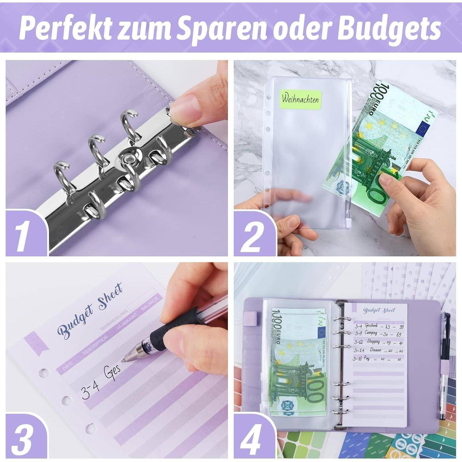 Vier-Schritte-Budgetierung-Setup in einem violetten Ordner: Ringmechanismus, beschriftete Bargeldumschlag für Weihnachten, ausgefülltes Budgetformular und organisierter Planer mit Euroscheinen und Ausgabenliste.