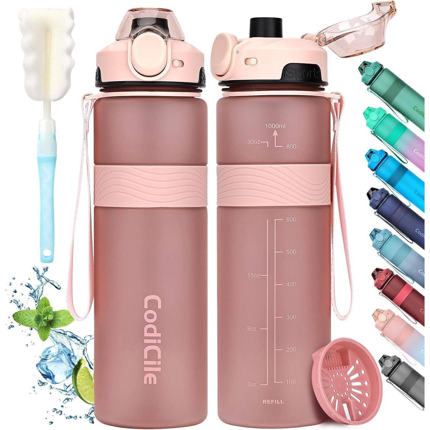 Zwei rosa Codilime isolierte Wasserflaschen mit Flip-Top-Deckeln, Tragegriff und Volumenmarkierungen, gezeigt mit Bürste und einer Reihe von Farboptionen.