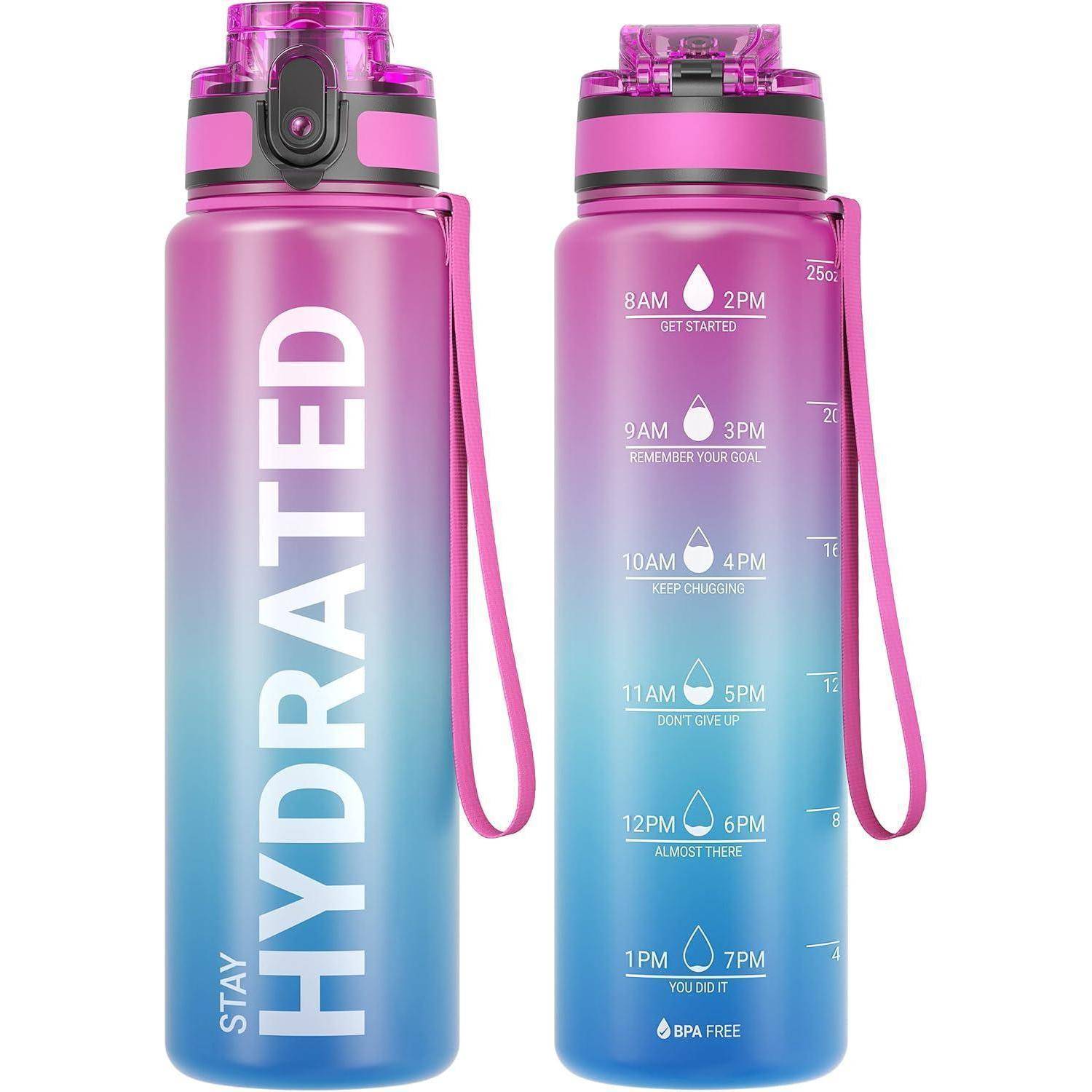 Rosa-blaues Farbverlauf-Trinkflasche mit Riemen, beschriftet mit 