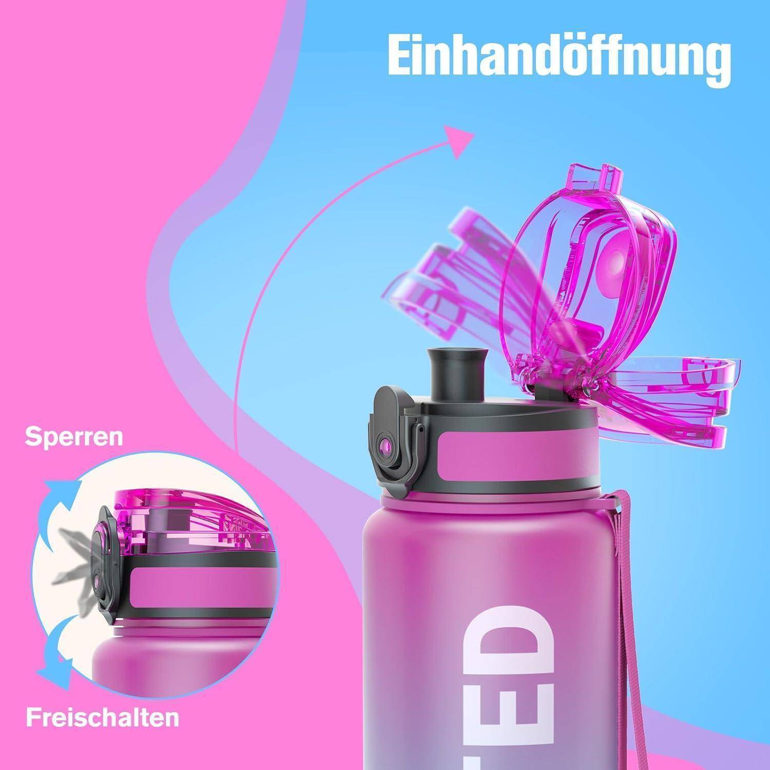 Rosa wiederverwendbare Flasche mit Pop-up-Verschluss wird beim Öffnen gezeigt; Beschriftungen auf Deutsch lauten „Einhandöffnung