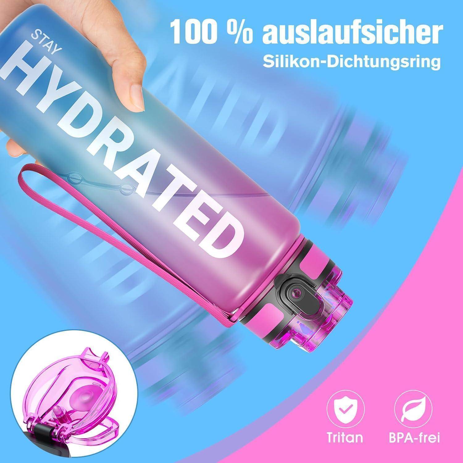 Nahaufnahme einer durchscheinenden rosa-blauen Flasche mit der Aufschrift 