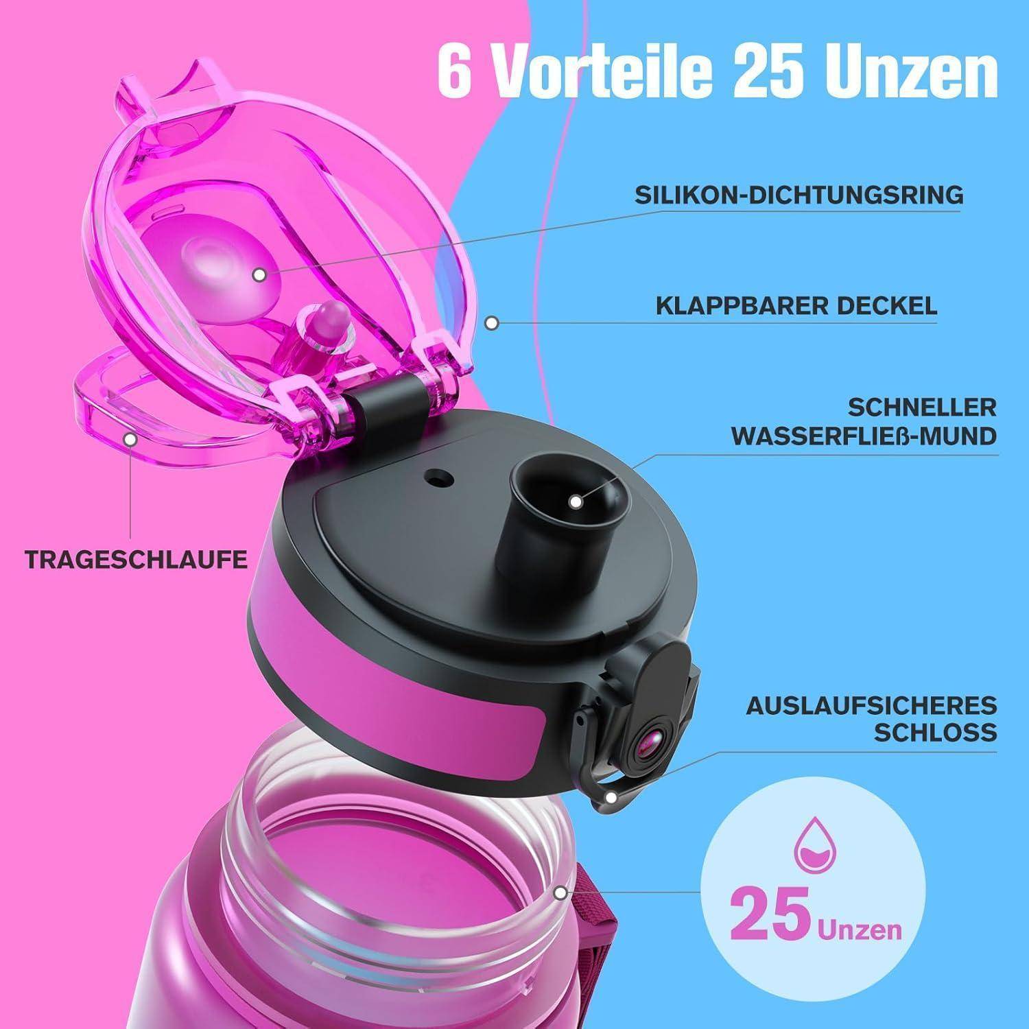 Abbildung einer 25-Unzen-Wasserflasche mit gekennzeichneten Merkmalen: Silikon-Dichtungsring, klappbarer Deckel, Schnellfluss-Mundstück, auslaufsicheres Verschlusssystem und Trageschlaufe.