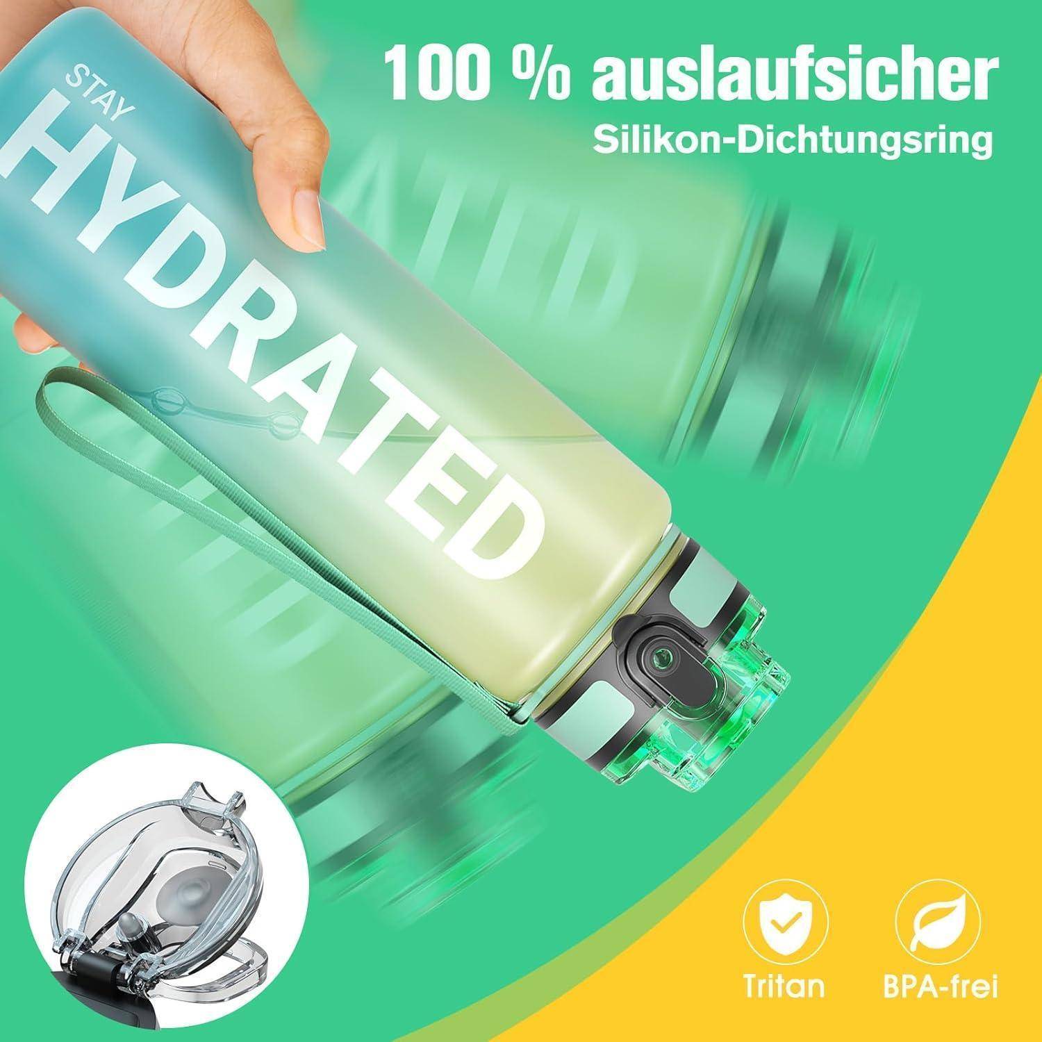 Werbebild einer HYDRATED Wasserflasche mit dem Text „100 % auslaufsicher