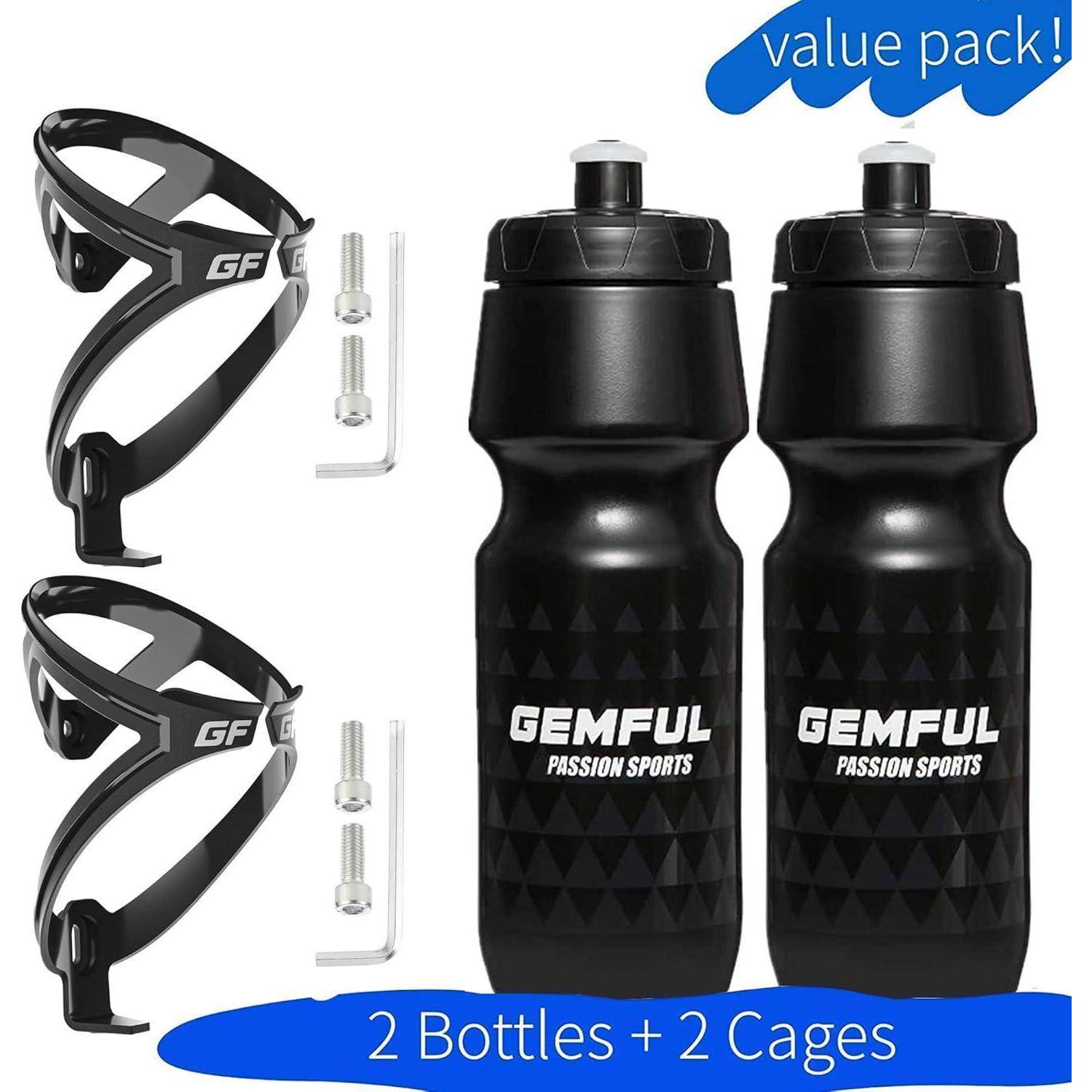 Produktbündel mit 2 schwarzen GEMFUL-Sporttrinkflaschen, 2 Flaschenhaltern und Befestigungsschrauben, gekennzeichnet mit „Sparpaket!