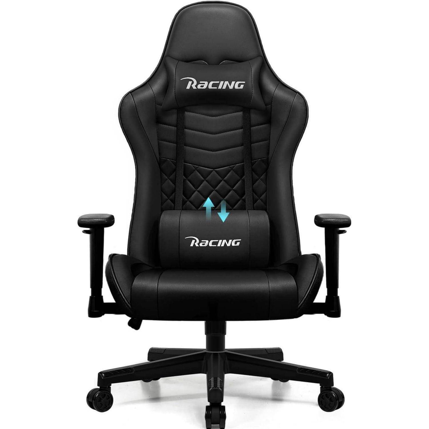 Schwarzer ergonomischer Bürostuhl im Rennstil mit Kopfstütze, Armlehnen, Lendenwirbelstütze und fünfrädrigem Drehfuß.
