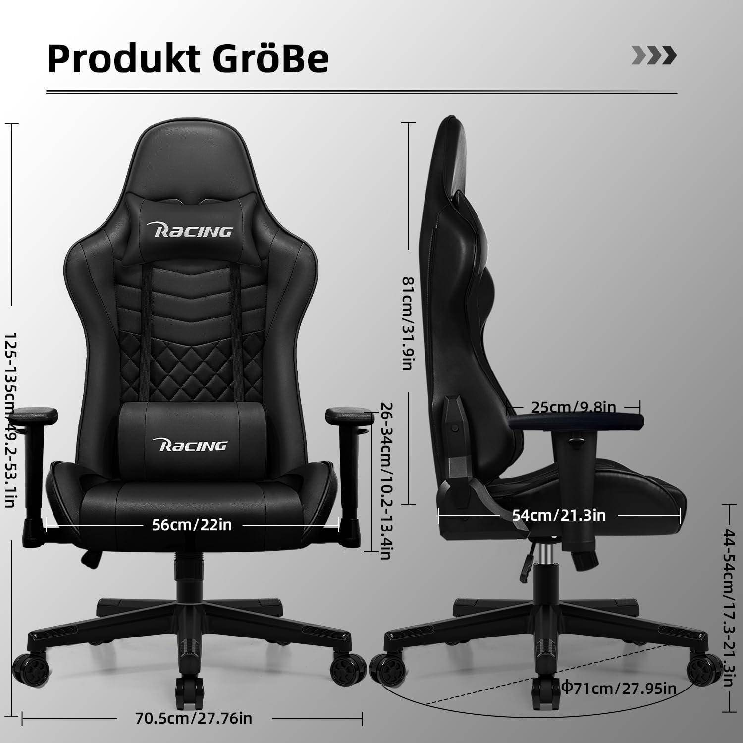 Größentabelle für einen schwarzen Racing-Style Bürostuhl mit Vorder- und Seitenansicht und Abmessungen in cm und Zoll: 125–135 cm Höhe, 56 cm Sitzbreite, 54 cm Tiefe, 70,5 cm Basisbreite.