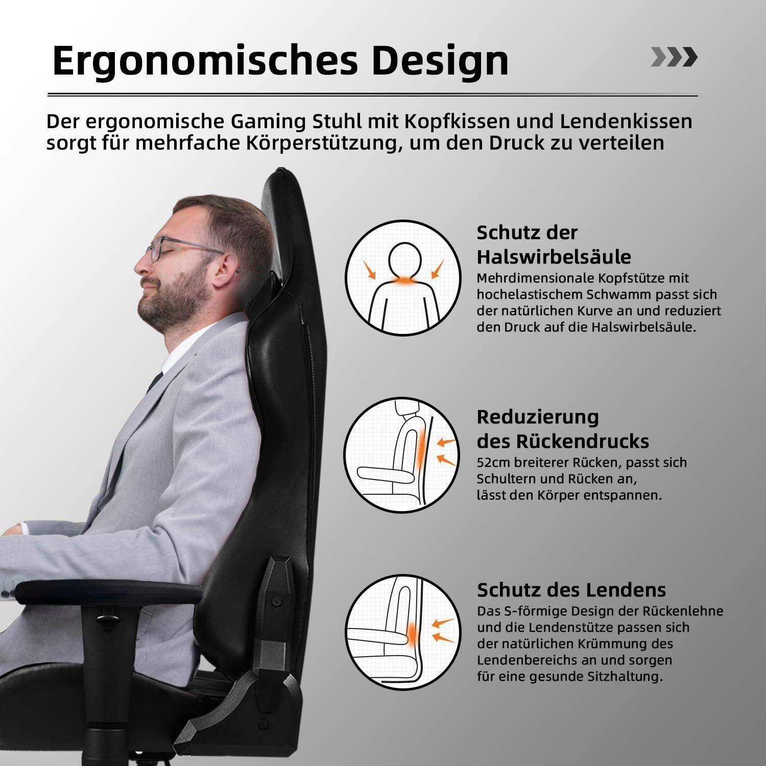 Infografik eines ergonomischen Gaming-Stuhls zur Unterstützung der Körperhaltung, mit Symbolen, die Nackenschutz, reduzierte Rückenbelastung und Lendenwirbelstütze erklären.