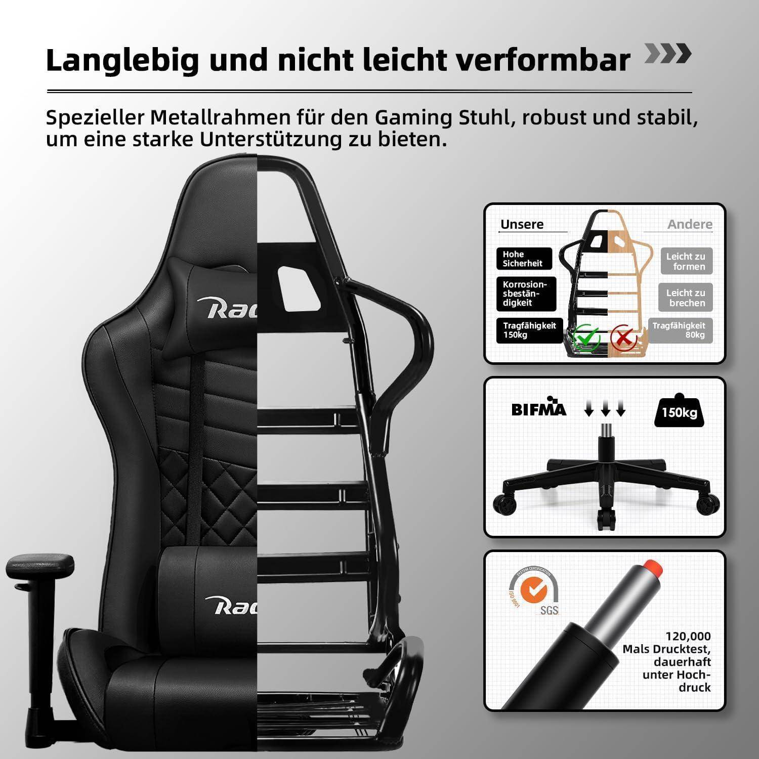 Werbegrafikfür einen Gaming-Stuhl mit verstärktem Metallrahmen und Seitenpanelen, die die robustere Unterstützung von „Unsere