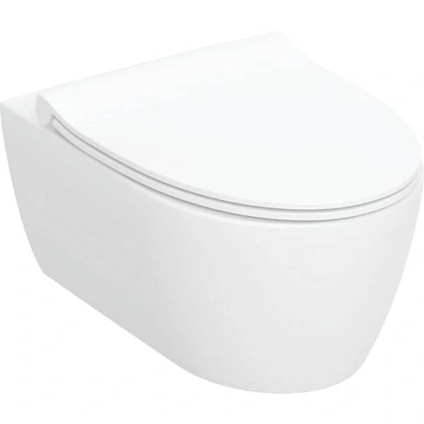 Weiße an der Wand montierte Toilette mit geschlossenem Sitz, in Seitenansicht auf einfachem Hintergrund gezeigt.
