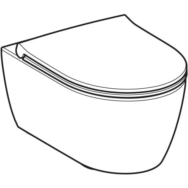 Strichzeichnung einer geschlossenen Toilette mit tanklosem, wandmontiertem Design, gezeigt in Seitenansicht.